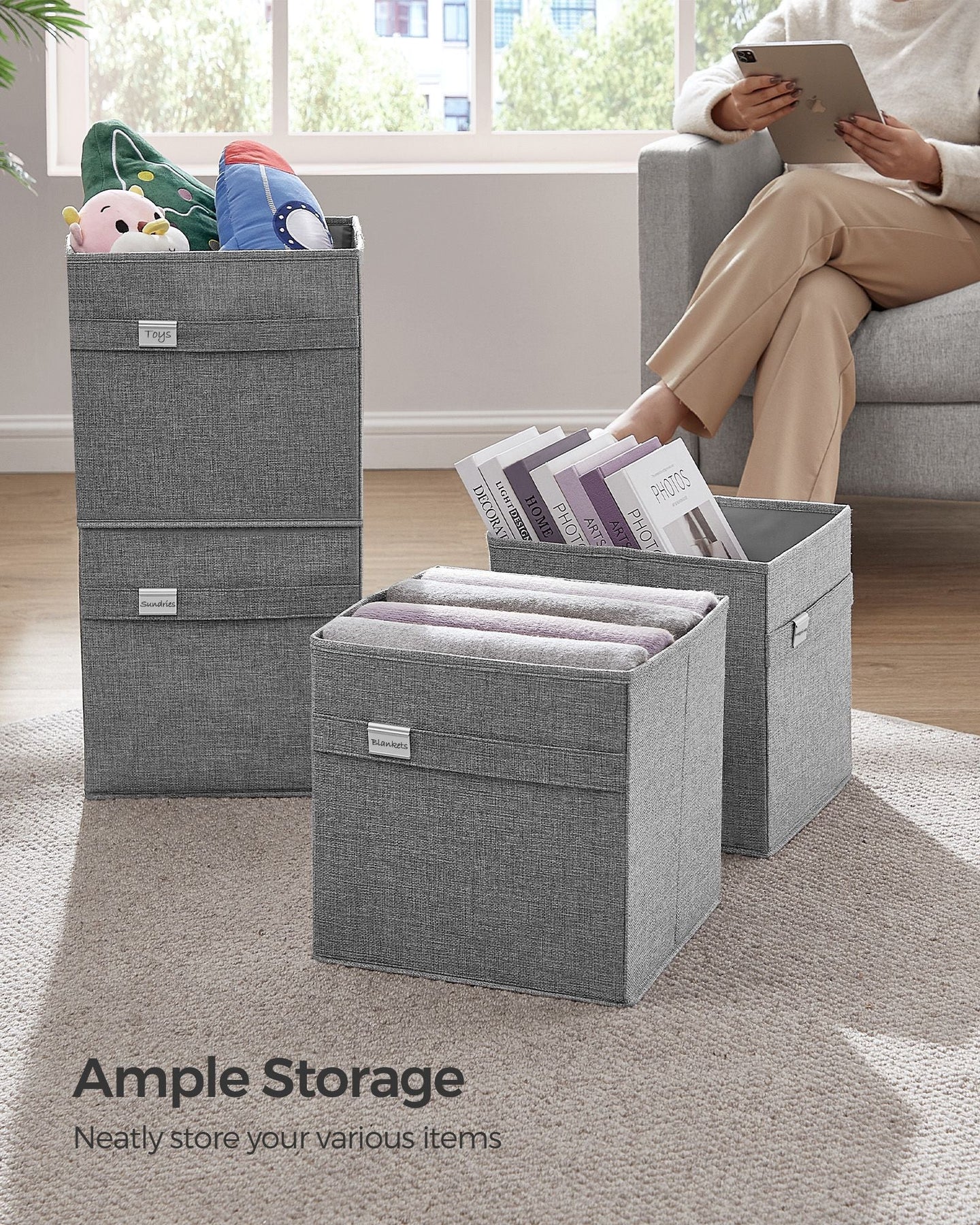 Set of 4 Foldable Storage Cubes - Oxford - Dove Grey - Washable with Metal Label Holders