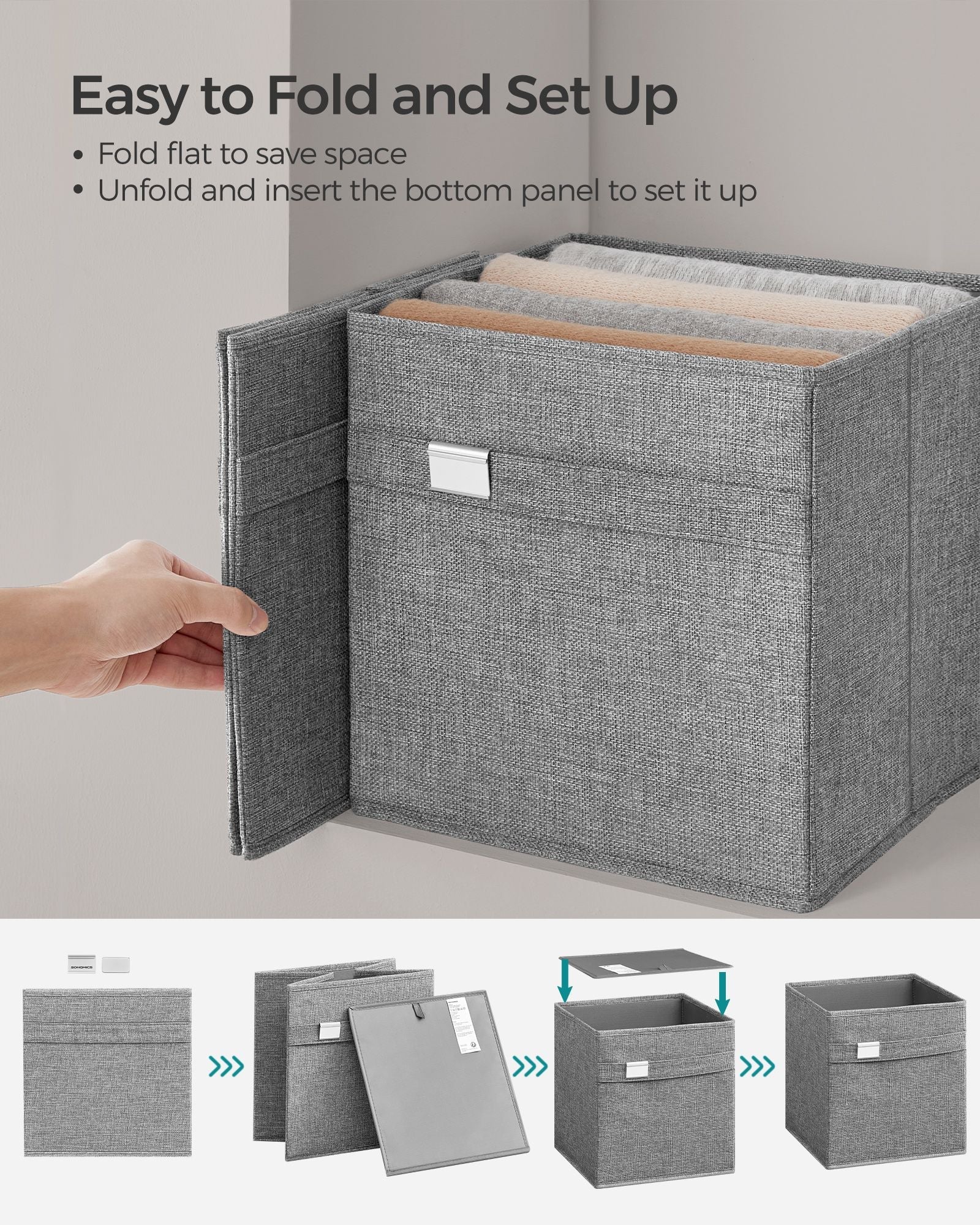 Set of 4 Foldable Storage Cubes - Oxford - Dove Grey - Washable with Metal Label Holders
