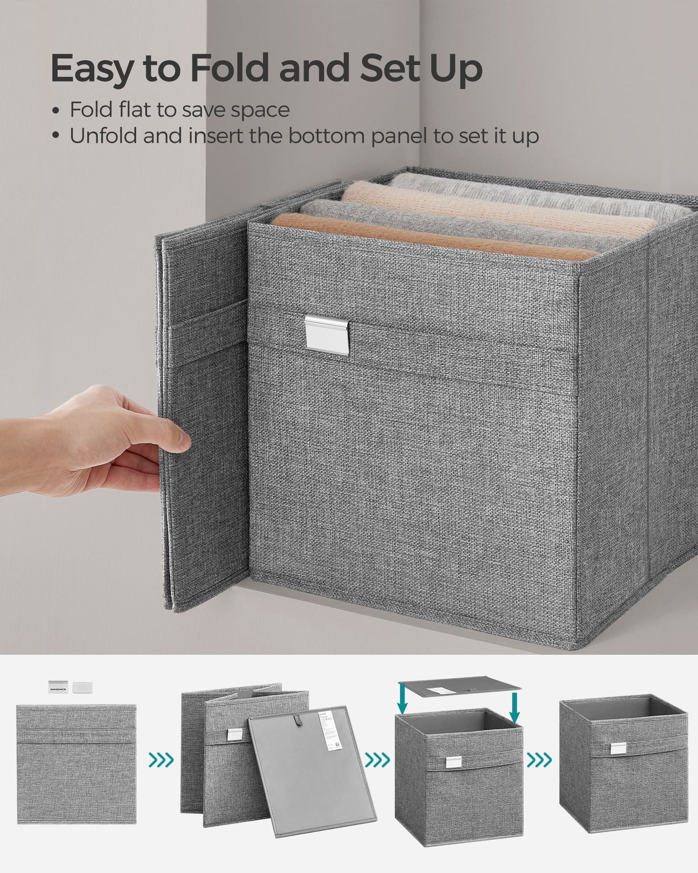 Set of 4 Foldable Storage Cubes - Oxford - Dove Grey - Washable with Metal Label Holders