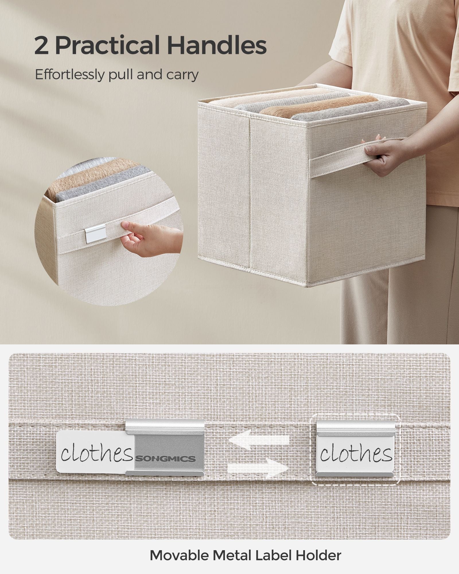 Set of 4 Foldable Storage Cubes - Oxford Fabric - Cloud White - Washable with Metal Label Holders