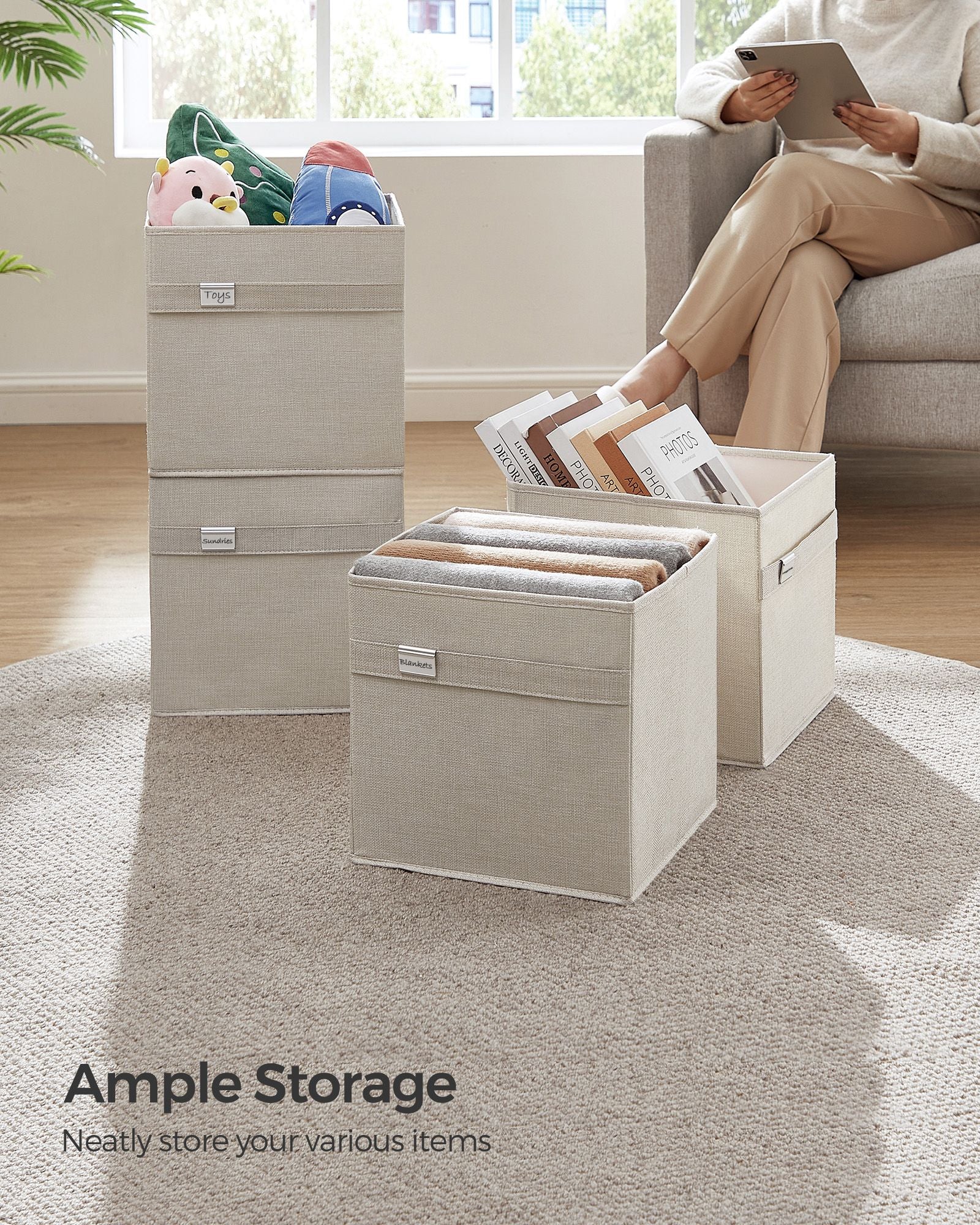 Set of 4 Foldable Storage Cubes - Oxford Fabric - Cloud White - Washable with Metal Label Holders