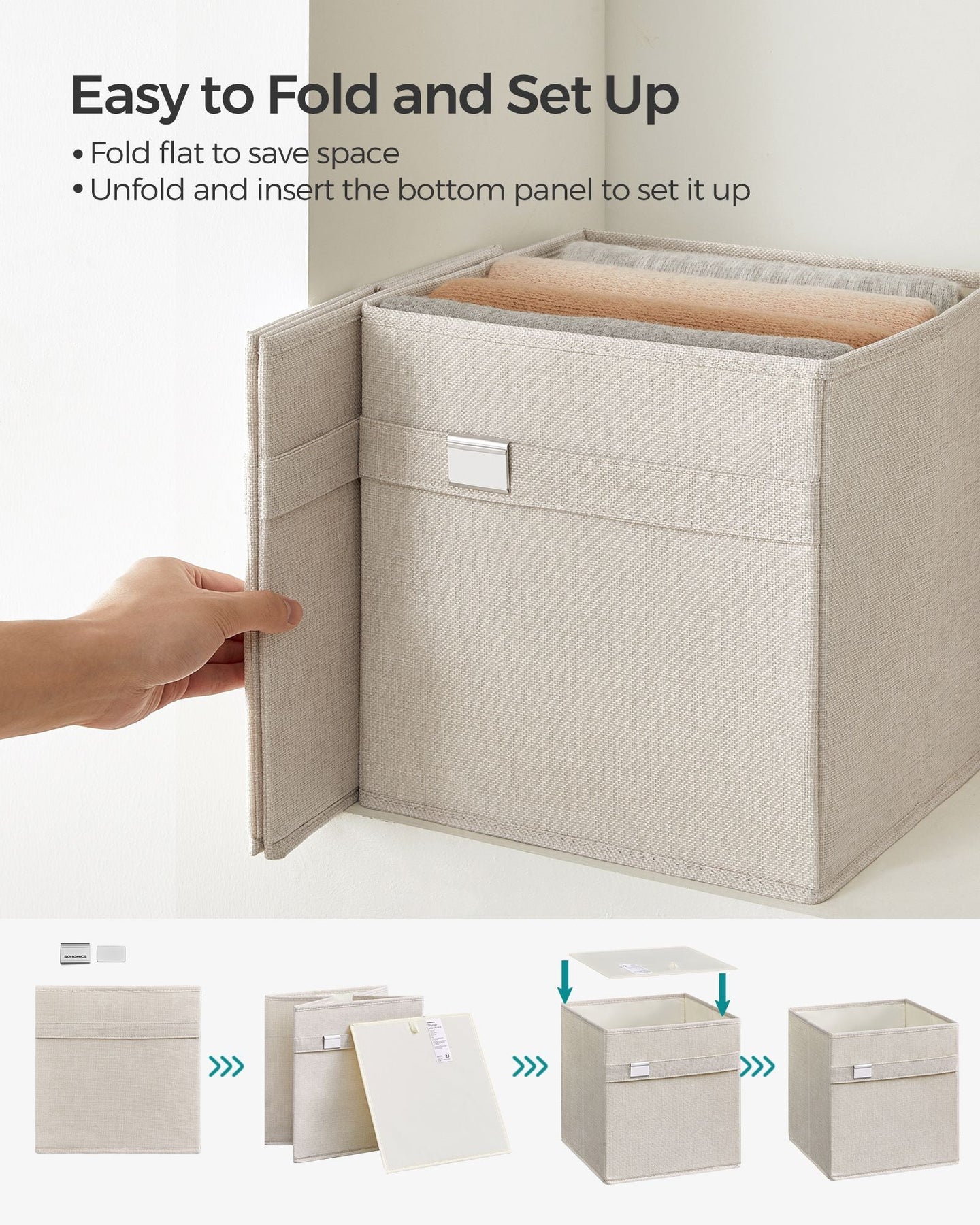 Set of 4 Foldable Storage Cubes - Oxford Fabric - Cloud White - Washable with Metal Label Holders