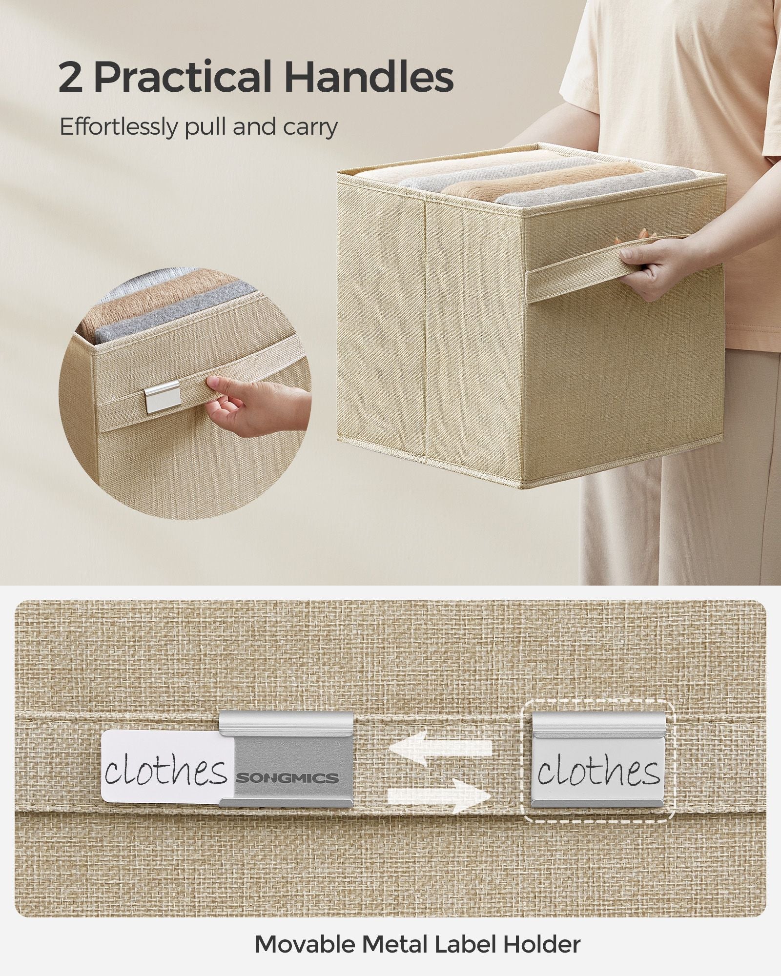 Set of 4 Foldable Storage Cubes - Oxford Fabric - Sand Beige - Washable with Metal Label Holders