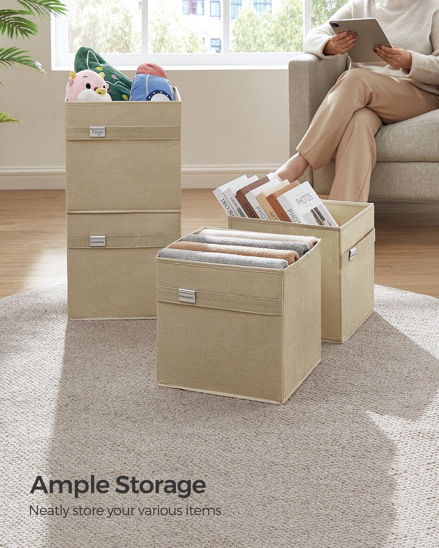 Set of 4 Foldable Storage Cubes - Oxford Fabric - Sand Beige - Washable with Metal Label Holders