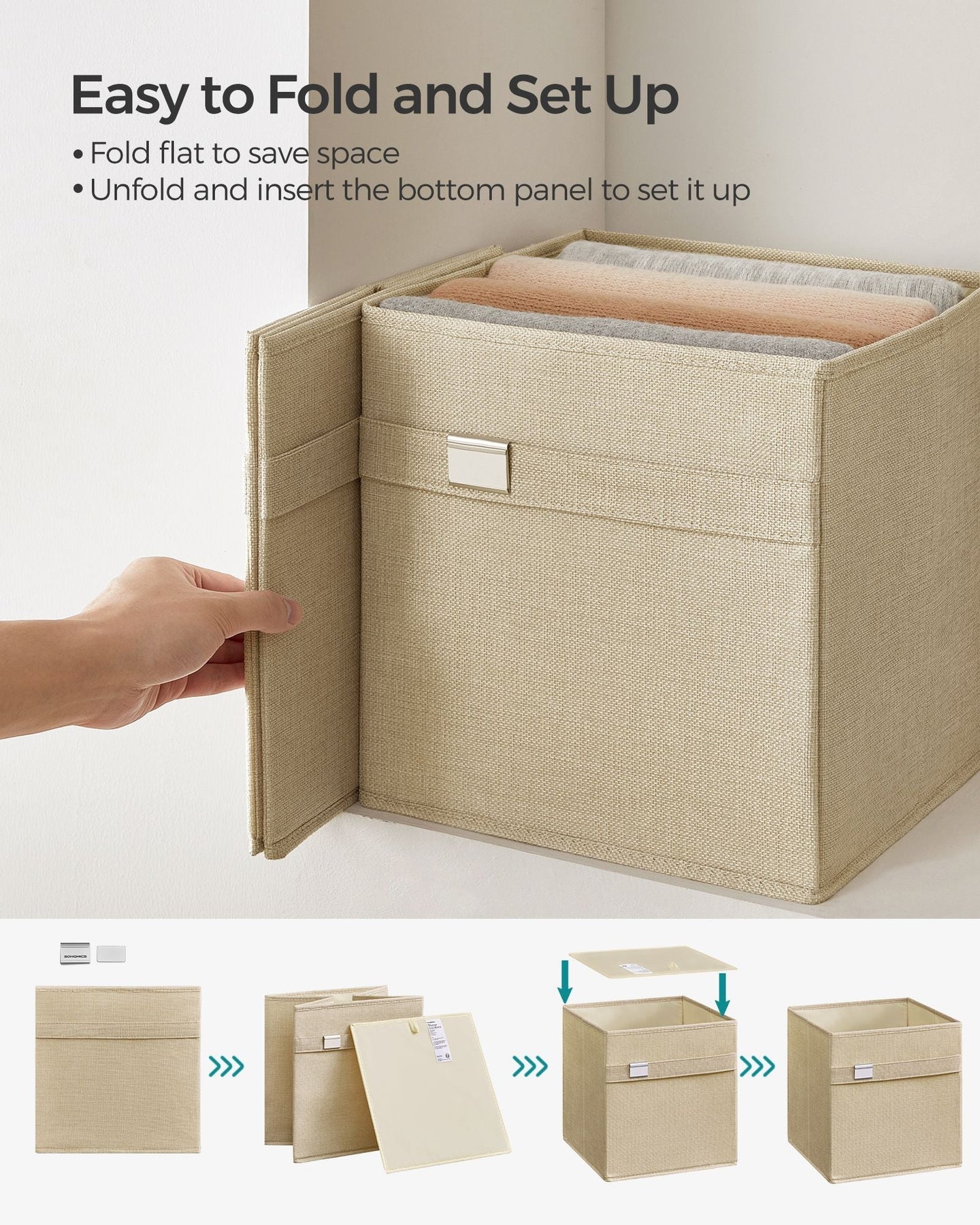 Set of 4 Foldable Storage Cubes - Oxford Fabric - Sand Beige - Washable with Metal Label Holders