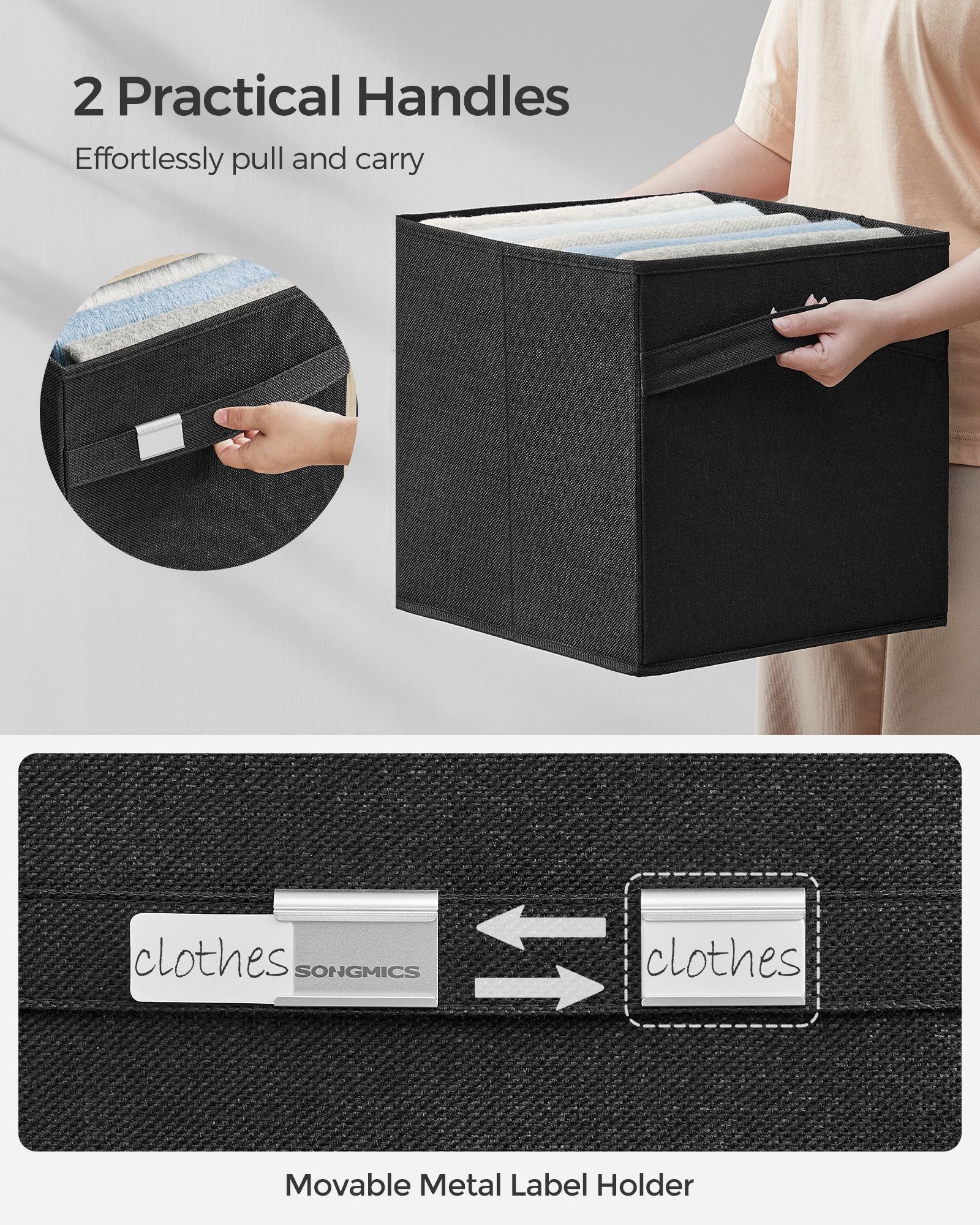 Set of 4 Foldable Storage Cubes - Oxford Fabric - Ink Black - Washable with Metal Label Holders
