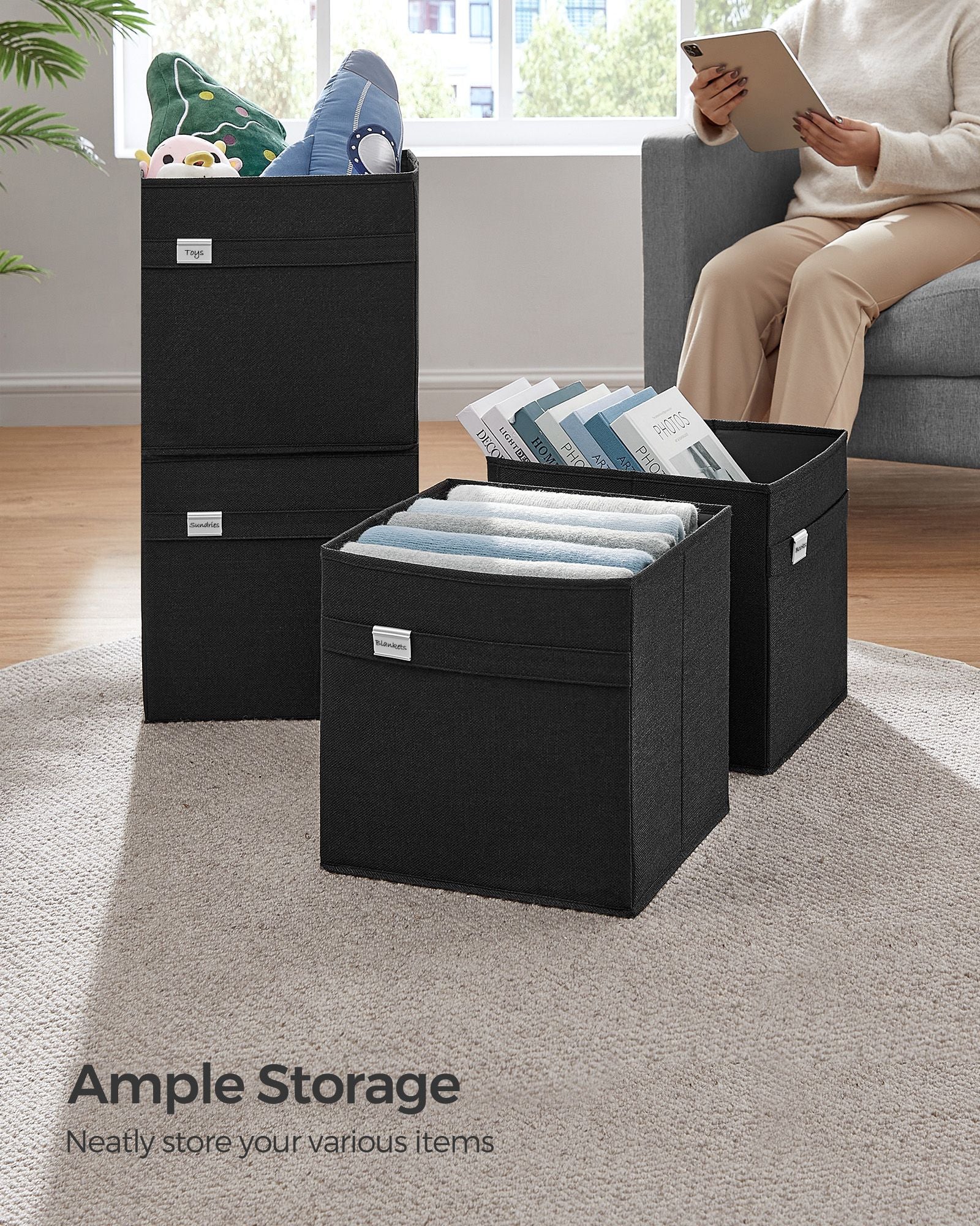 Set of 4 Foldable Storage Cubes - Oxford Fabric - Ink Black - Washable with Metal Label Holders
