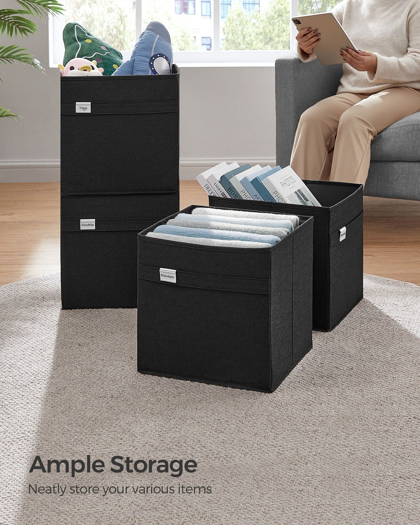 Set of 4 Foldable Storage Cubes - Oxford Fabric - Ink Black - Washable with Metal Label Holders