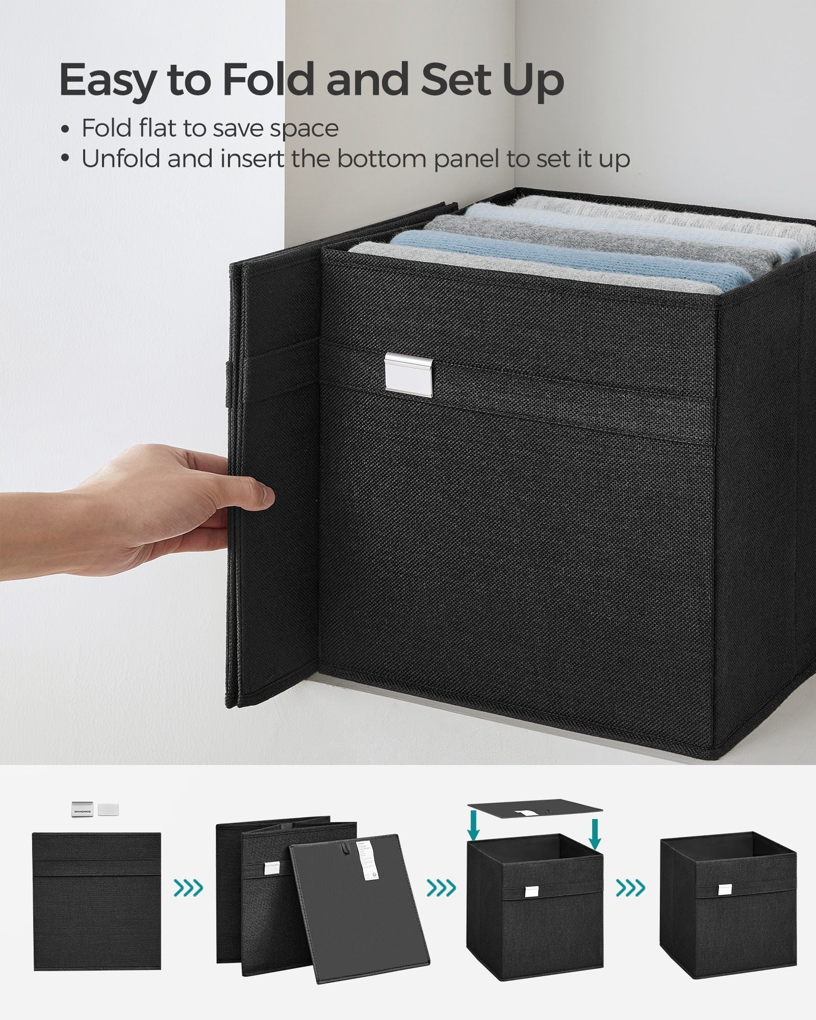 Set of 4 Foldable Storage Cubes - Oxford Fabric - Ink Black - Washable with Metal Label Holders