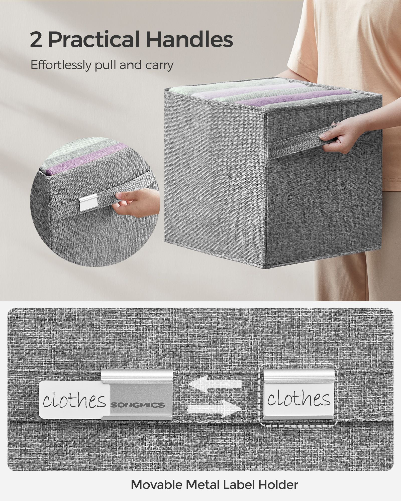 Set of 4 Foldable Storage Cubes - Oxford Fabric - Dove Grey - Double Handles and Metal Label Holders