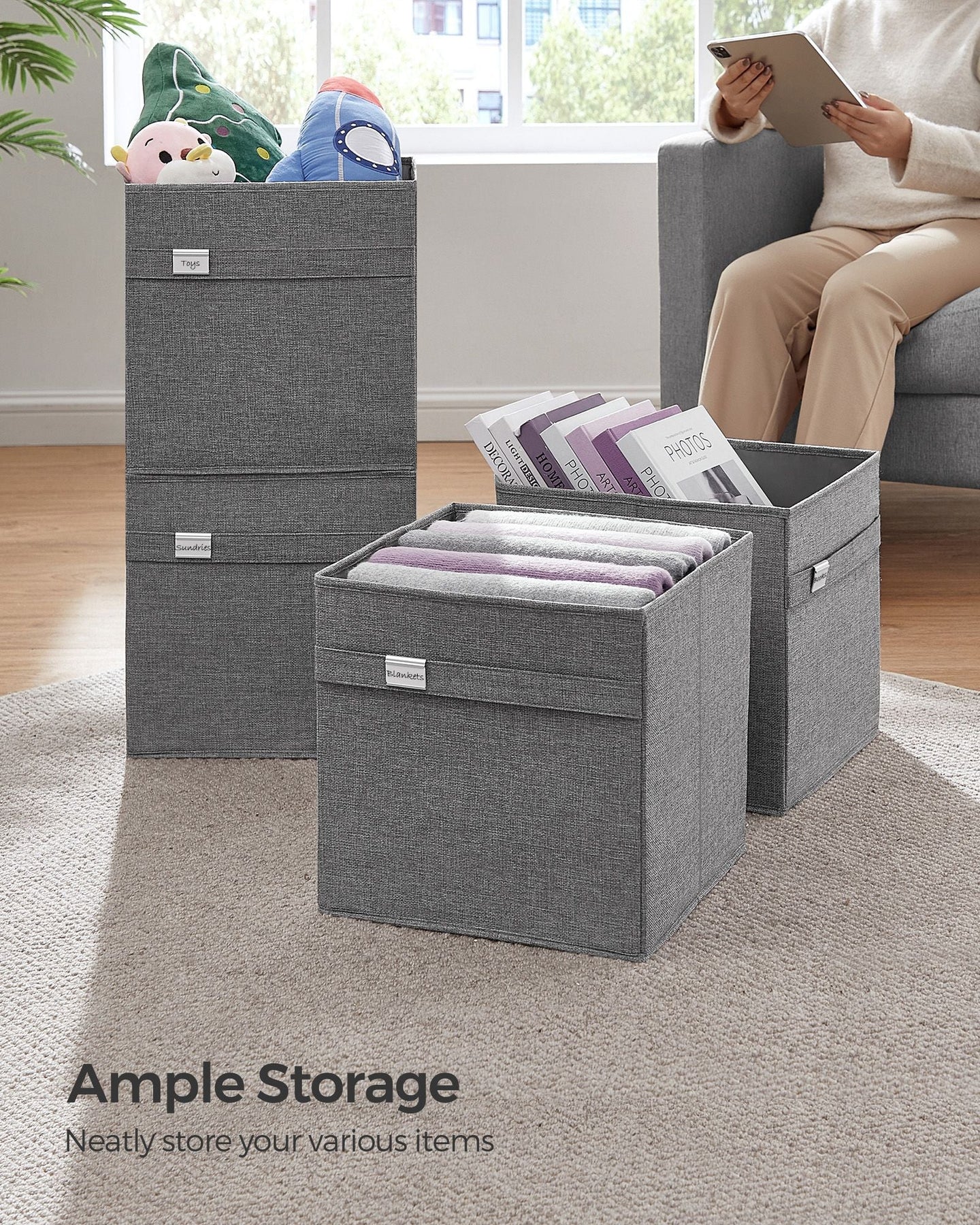 Set of 4 Foldable Storage Cubes - Oxford Fabric - Dove Grey - Double Handles and Metal Label Holders