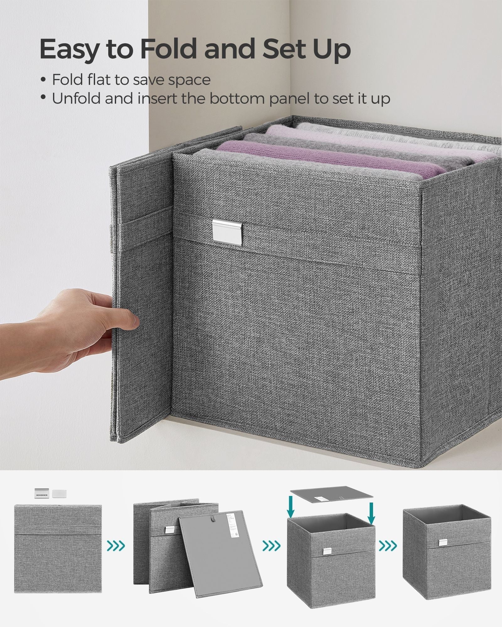 Set of 4 Foldable Storage Cubes - Oxford Fabric - Dove Grey - Double Handles and Metal Label Holders