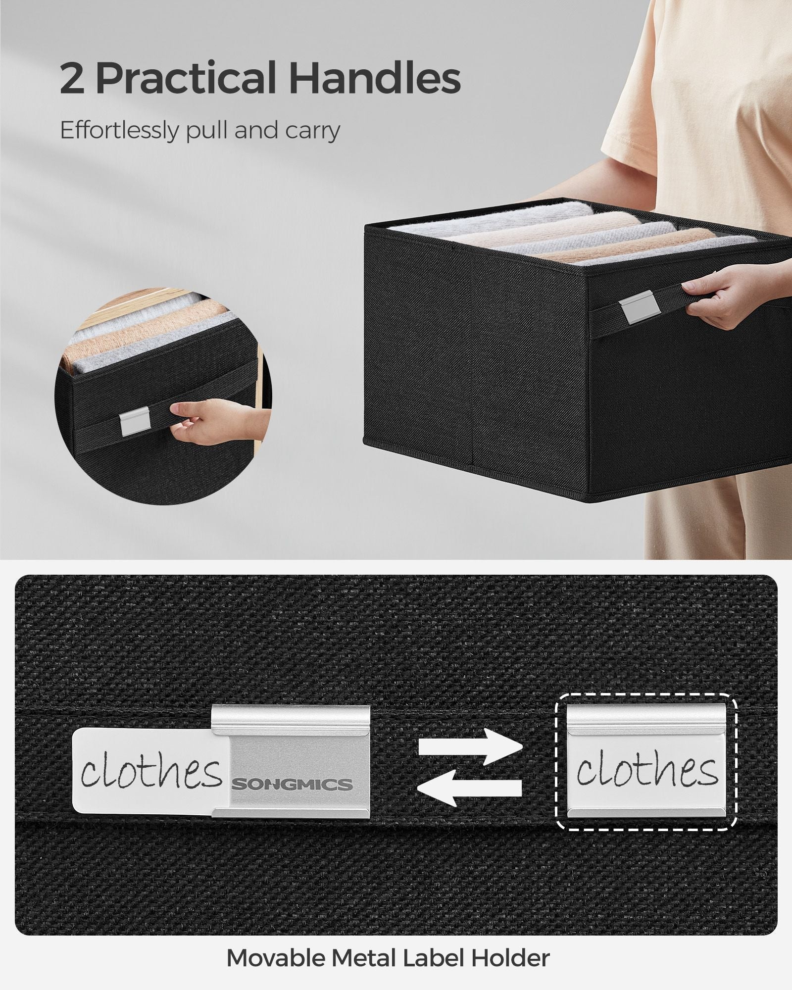 Set of 2 Foldable Storage Organisers - Oxford Fabric - Ink Black - Washable with Metal Label Holders