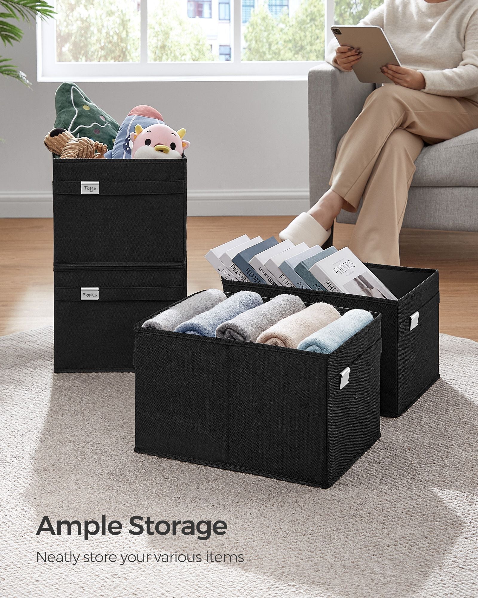 Set of 2 Foldable Storage Organisers - Oxford Fabric - Ink Black - Washable with Metal Label Holders