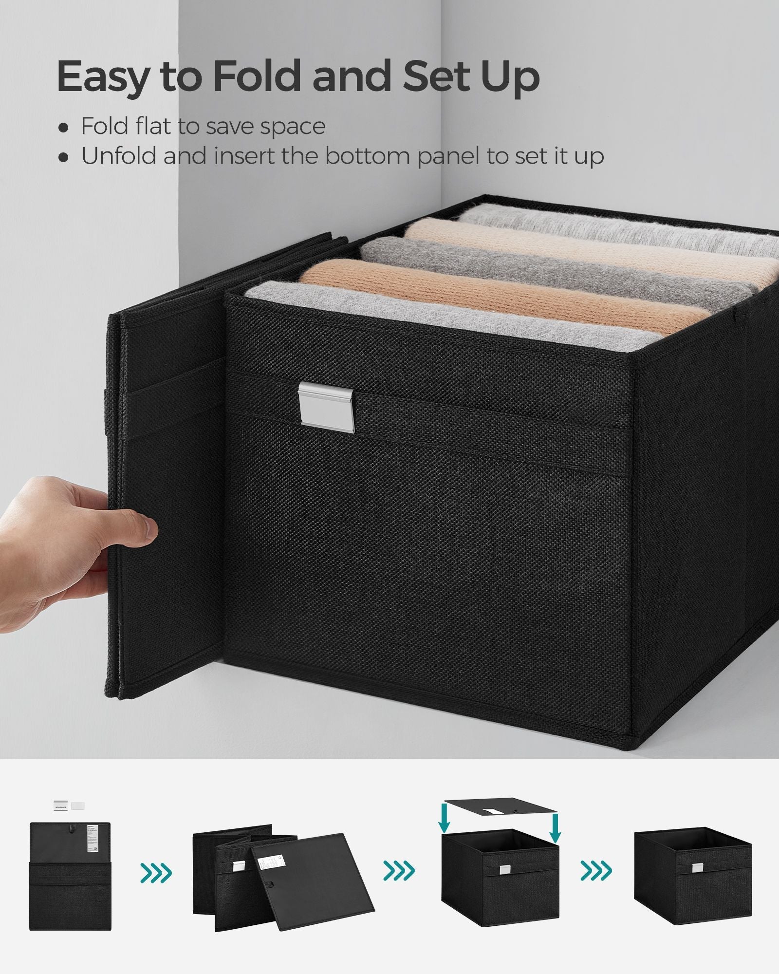 Set of 4 Foldable Storage Organisers - Oxford Fabric - Ink Black - Washable with Metal Label Holders