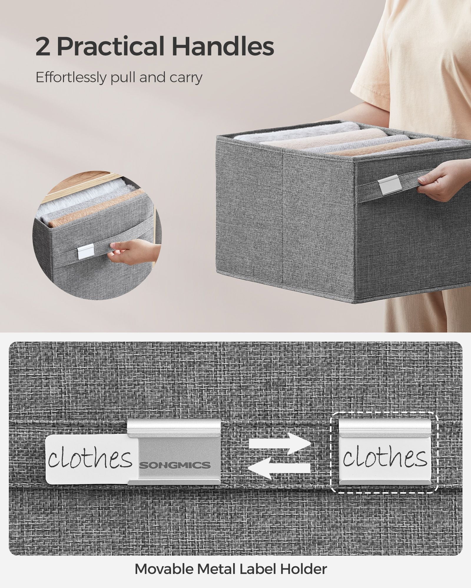 Set of 2 Foldable Storage Organisers - Oxford Fabric - Dove Grey - Washable with Metal Label Holders