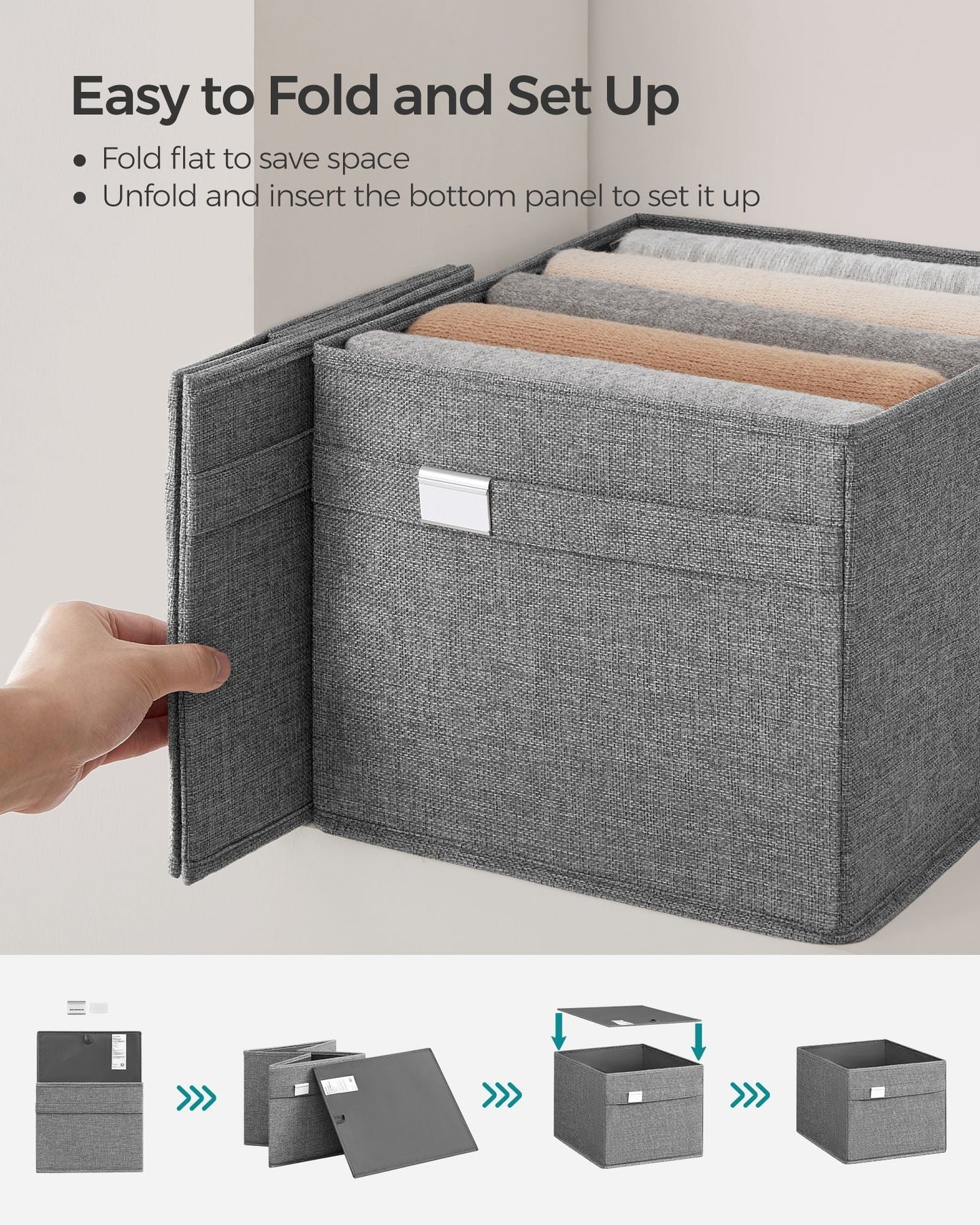 Set of 2 Foldable Storage Organisers - Oxford Fabric - Dove Grey - Washable with Metal Label Holders