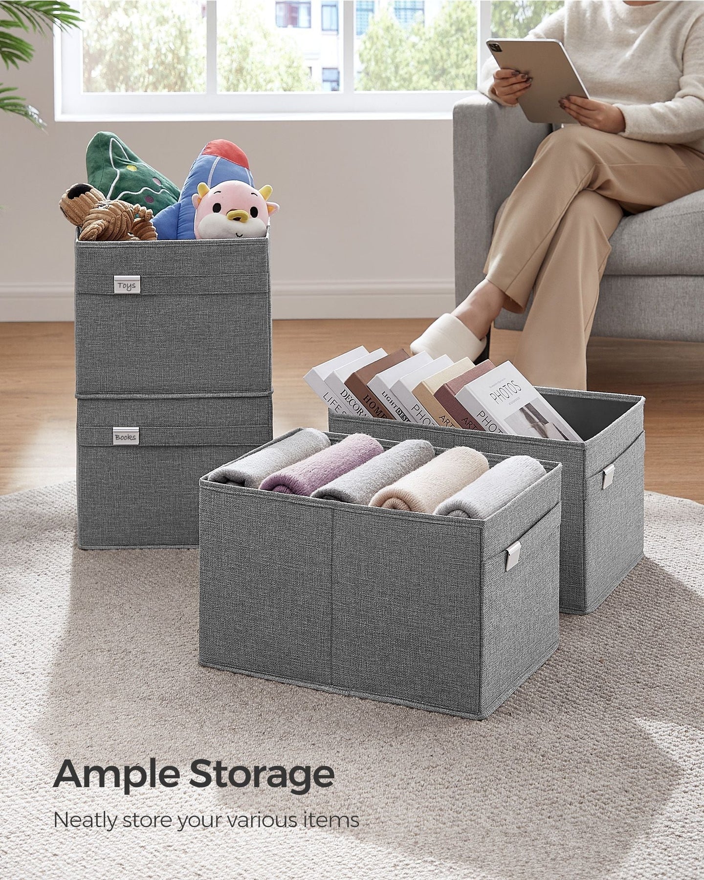 Set of 4 Foldable Storage Organisers - Oxford Fabric - Dove Grey - Washable with Metal Label Holders