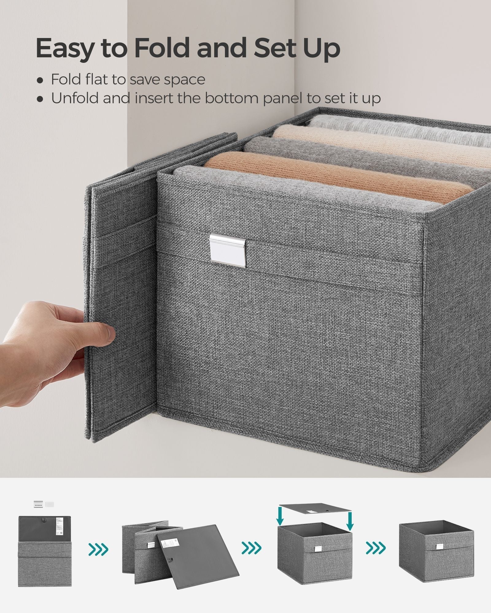 Set of 4 Foldable Storage Organisers - Oxford Fabric - Dove Grey - Washable with Metal Label Holders