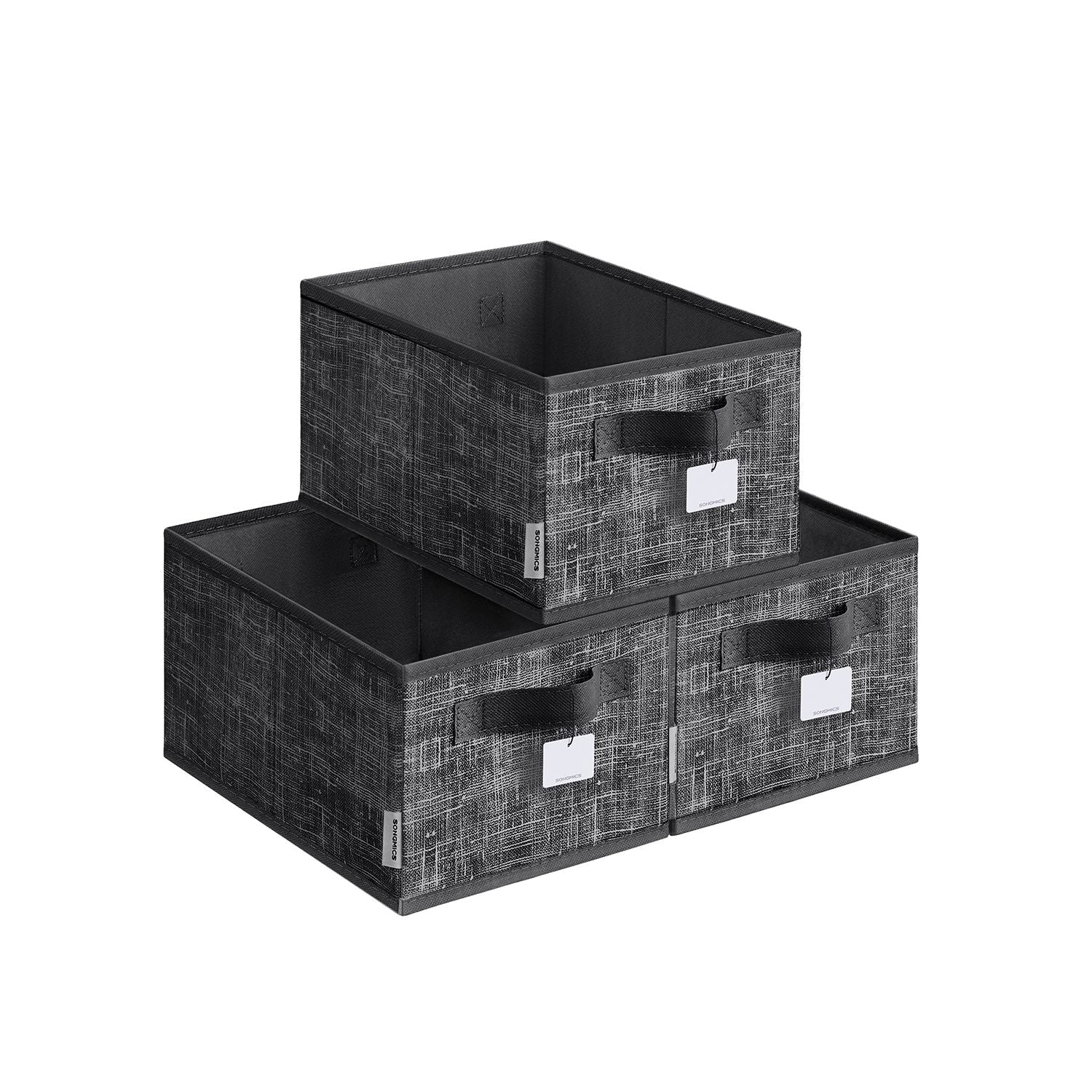 Collapsible Storage Boxes Set of 3 - Fabric - Ink Black - Wardrobe Organizers with Handles and Label Holders