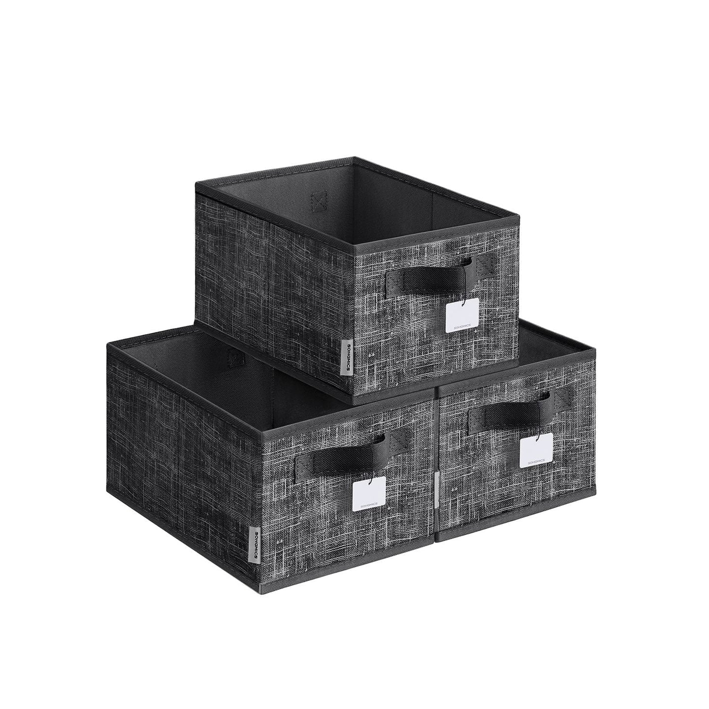 Collapsible Storage Boxes Set of 3 - Fabric - Ink Black - Wardrobe Organizers with Handles and Label Holders