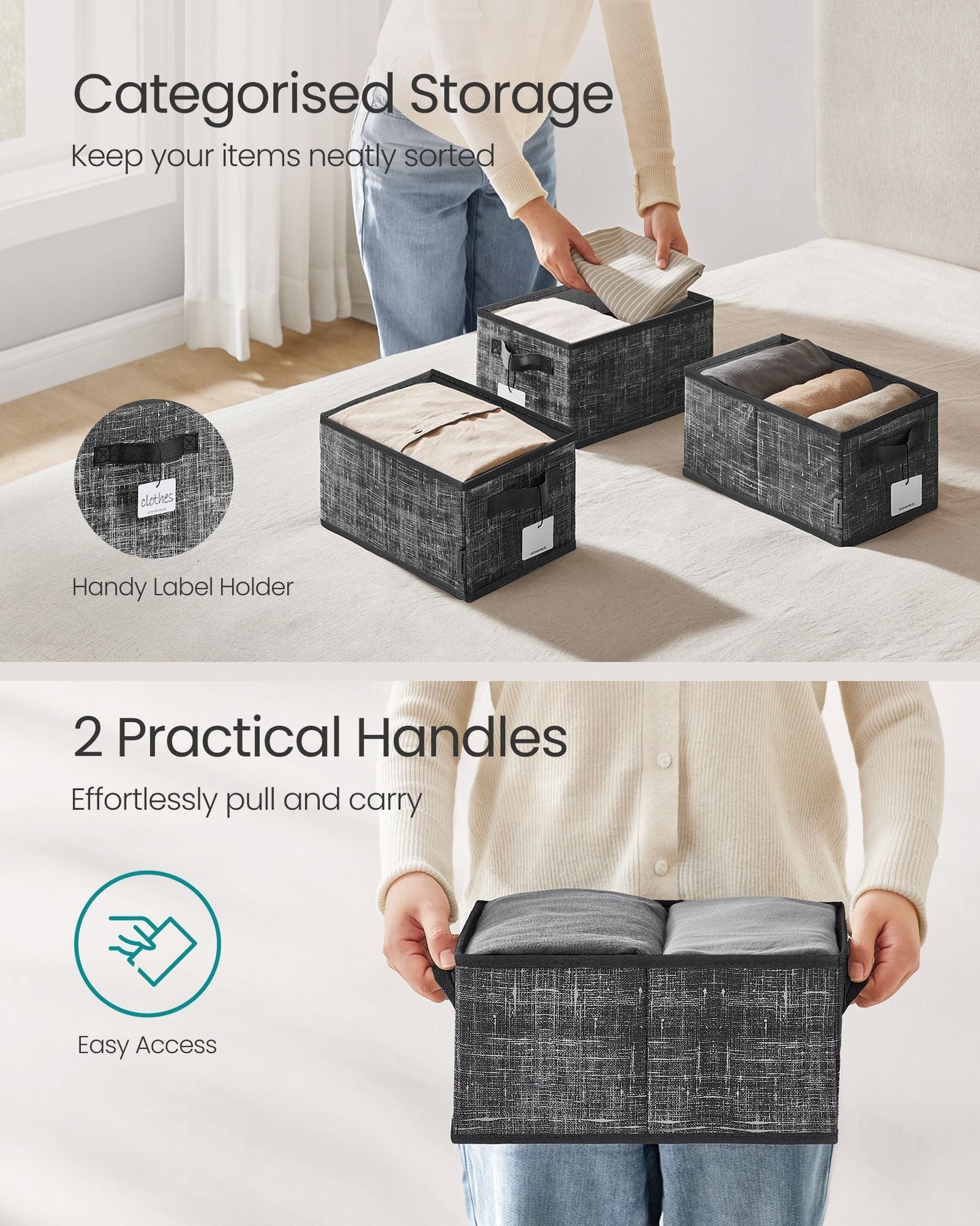 Collapsible Storage Boxes Set of 3 - Fabric - Ink Black - Wardrobe Organizers with Handles and Label Holders