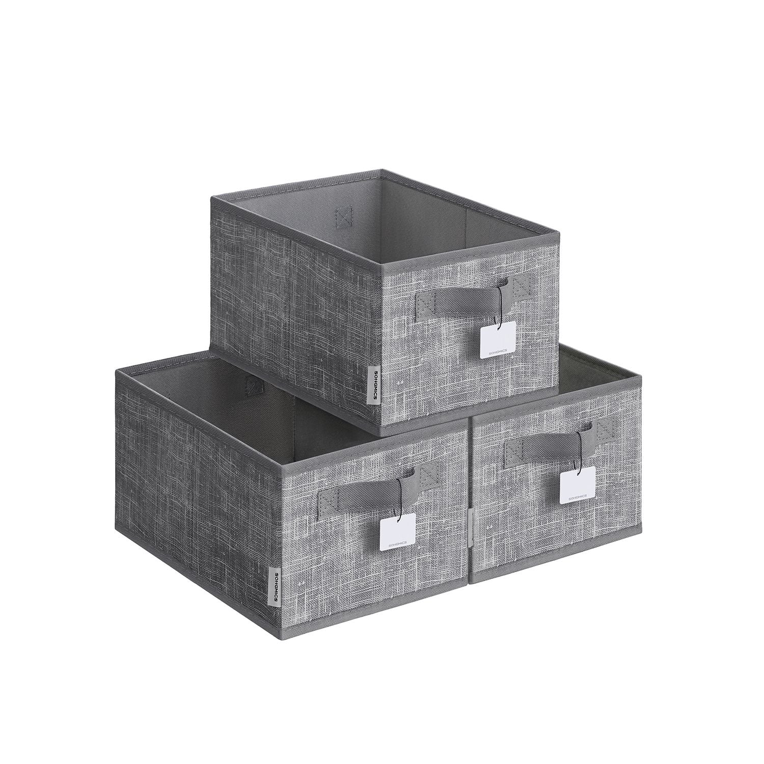 Collapsible Storage Boxes Set of 3 - 30 x 20 x 15 cm - Fabric - Cattail Grey - with Handles and Label Holders