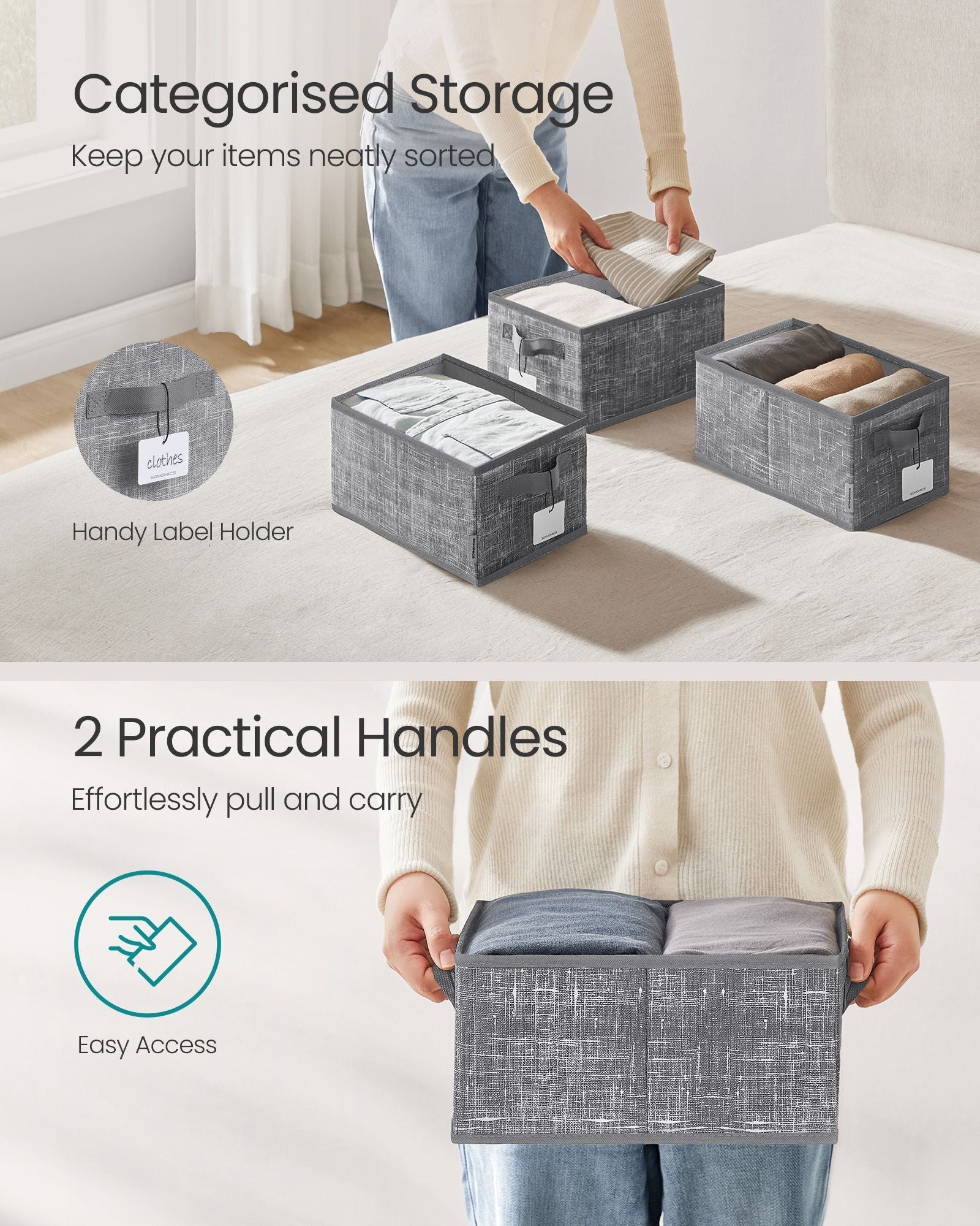 Collapsible Storage Boxes Set of 3 - 30 x 20 x 15 cm - Fabric - Cattail Grey - with Handles and Label Holders