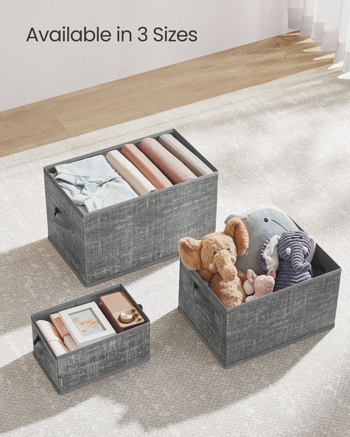 Collapsible Storage Boxes Set of 3 - 30 x 20 x 15 cm - Fabric - Cattail Grey - with Handles and Label Holders