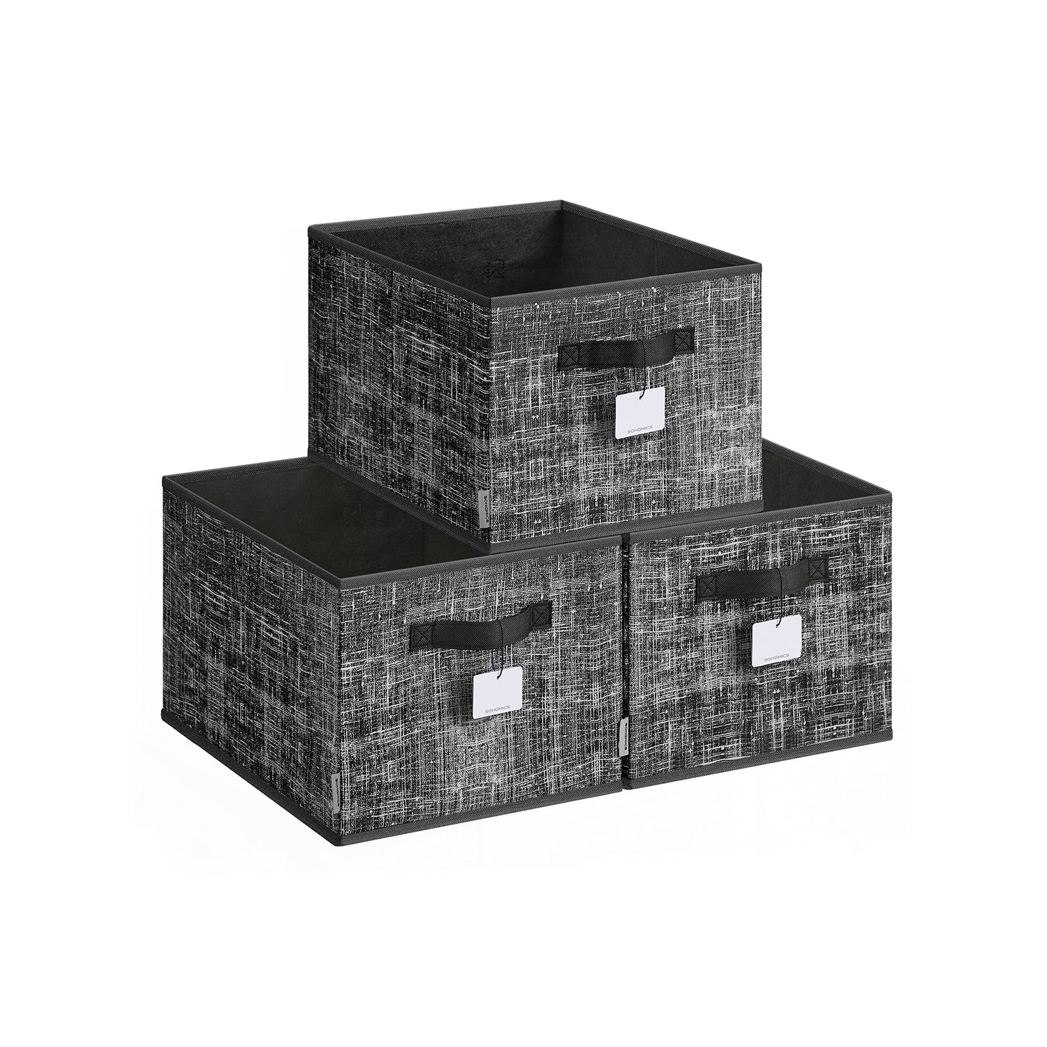 Collapsible Storage Boxes - Fabric - Ink Black - Set of 3 with Handles and Label Holders