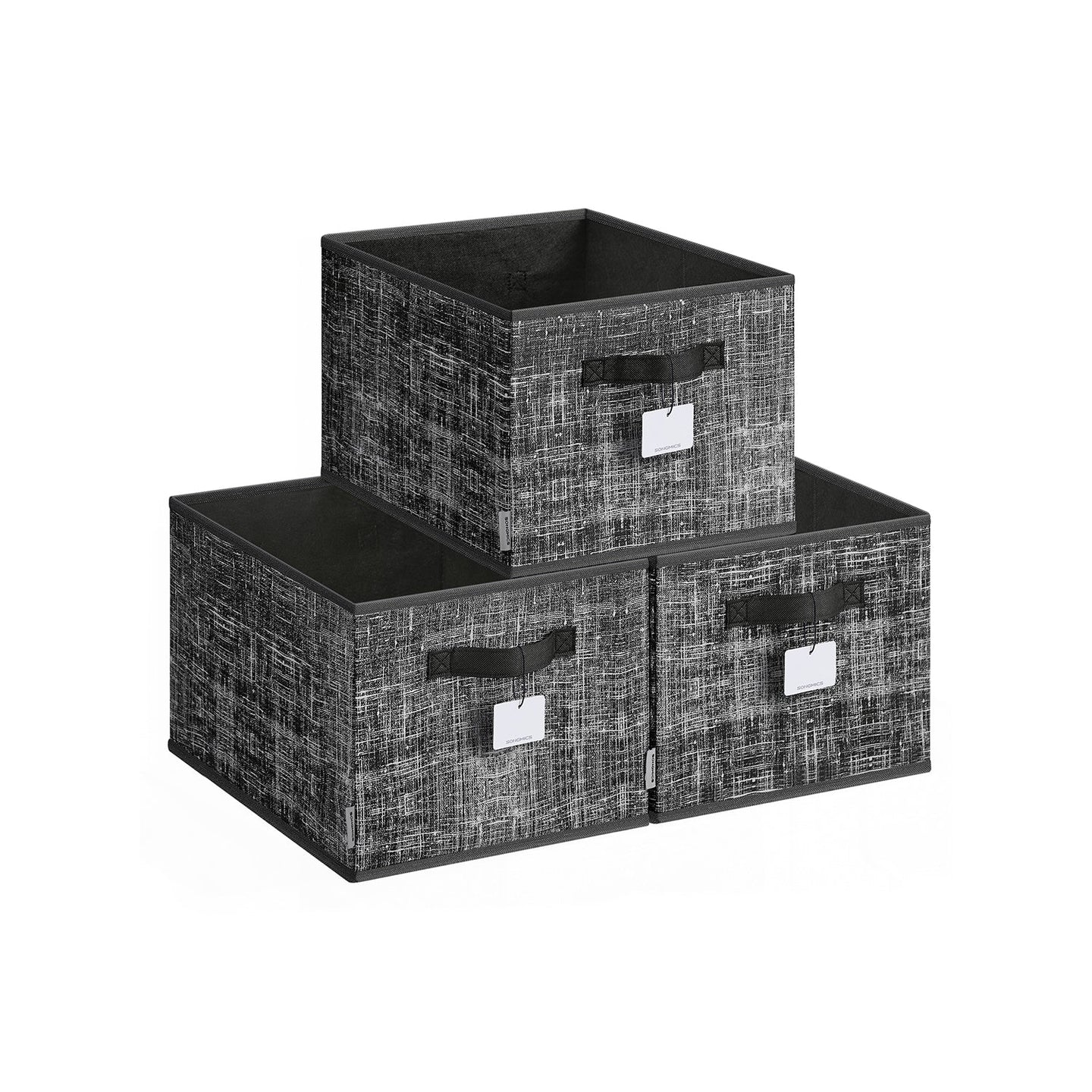 Collapsible Storage Boxes - Fabric - Ink Black - Set of 3 with Handles and Label Holders