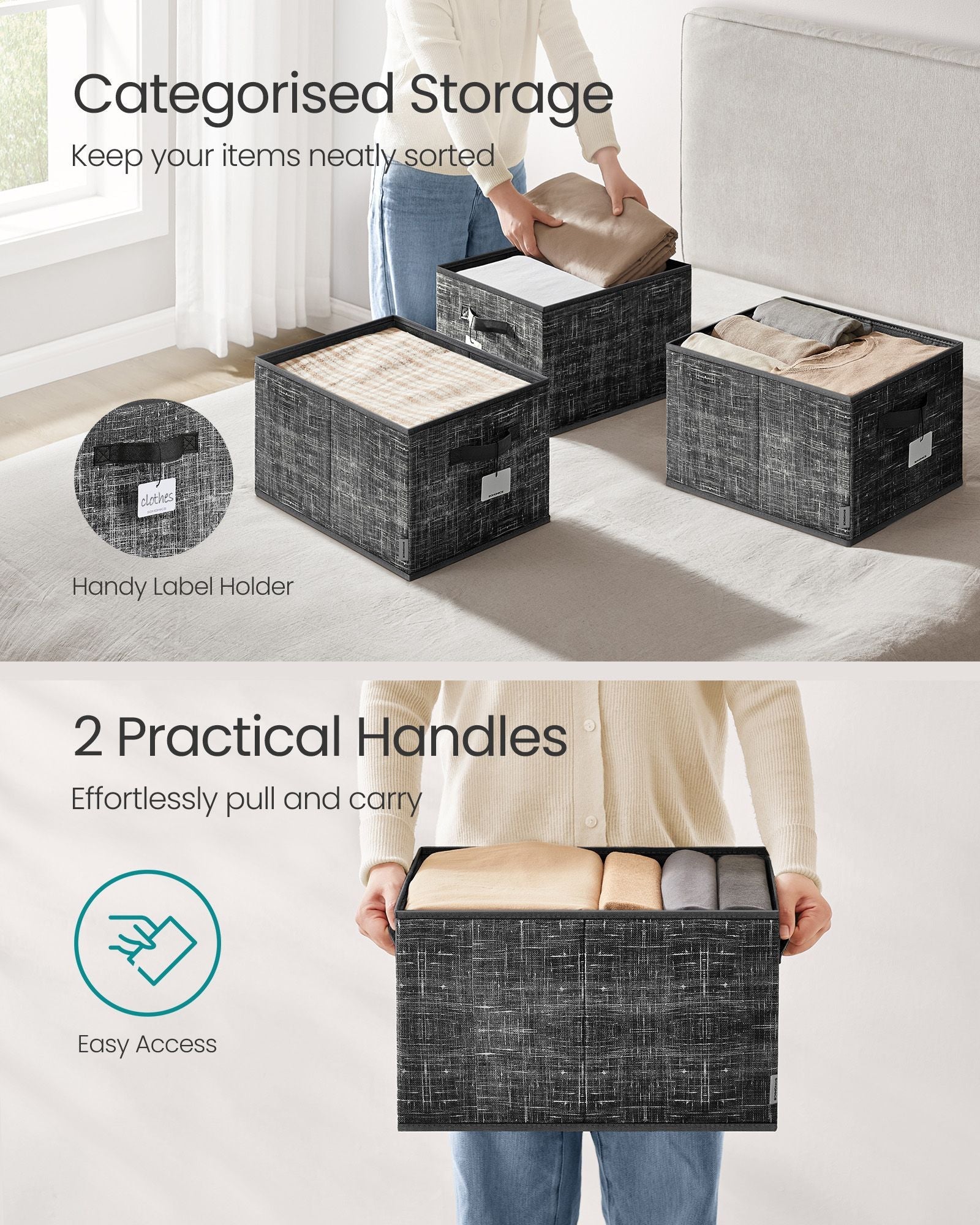 Collapsible Storage Boxes - Fabric - Ink Black - Set of 3 with Handles and Label Holders