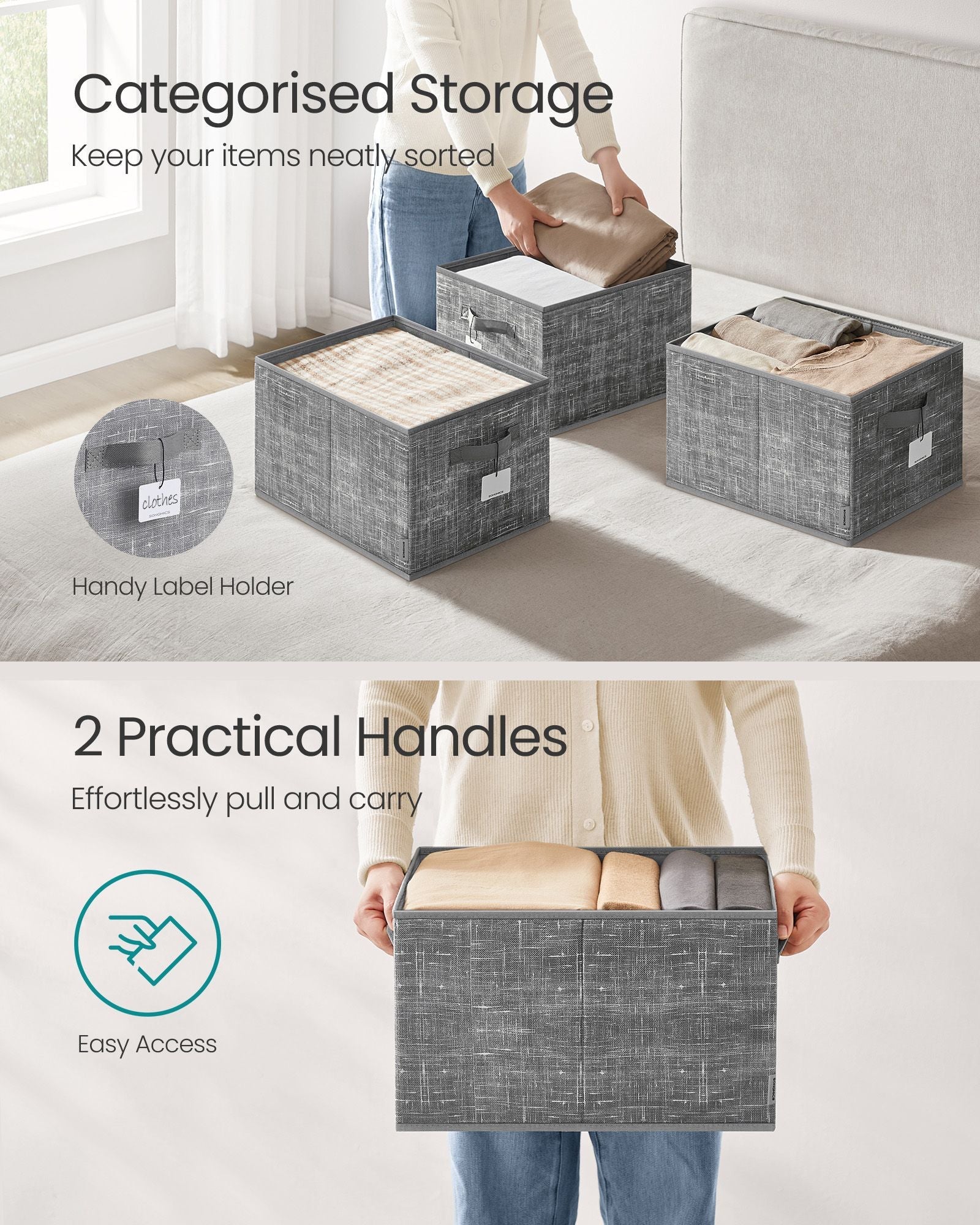 Collapsible Storage Boxes - Fabric - Cattail Grey - Set of 3 with Handles and Label Holders