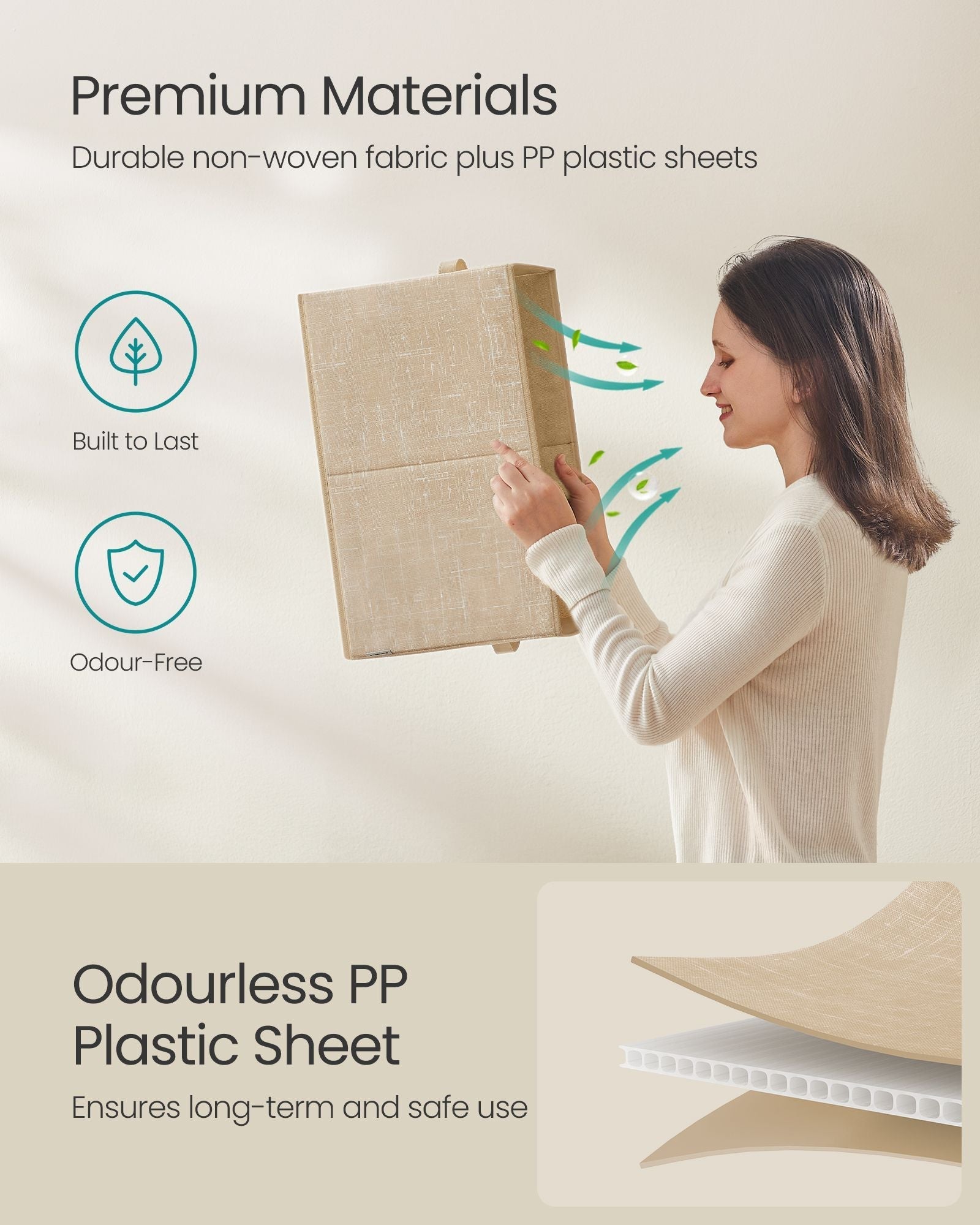 Collapsible Storage Boxes Set of 3 - Fabric - Sand Beige - Wardrobe Organisers with Handles and Label Holders