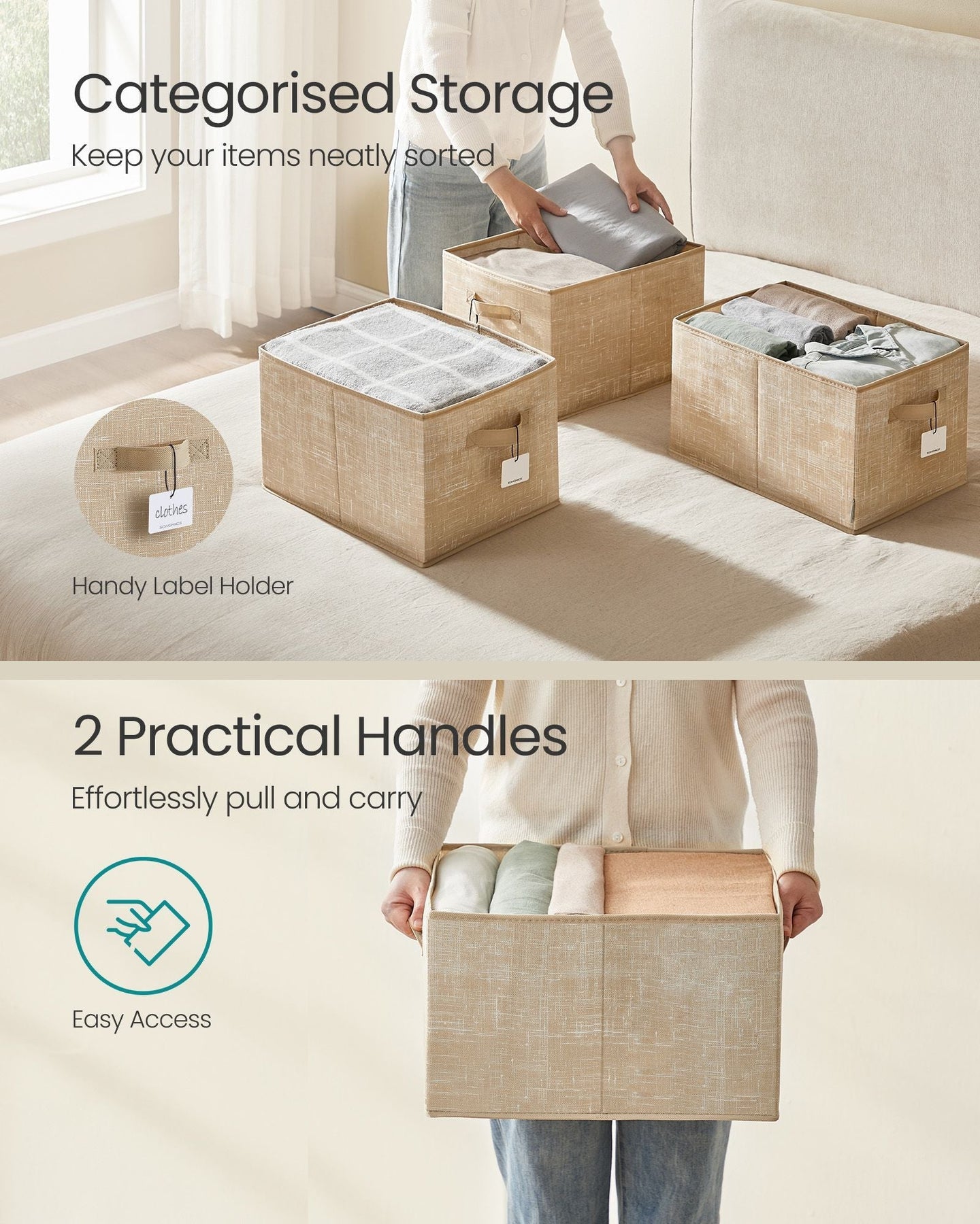 Collapsible Storage Boxes Set of 3 - Fabric - Sand Beige - Wardrobe Organisers with Handles and Label Holders