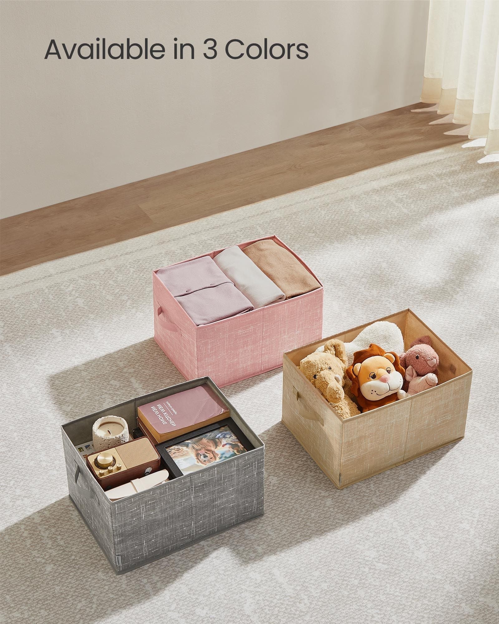 Collapsible Storage Boxes Set of 3 - Fabric - Sand Beige - Wardrobe Organisers with Handles and Label Holders
