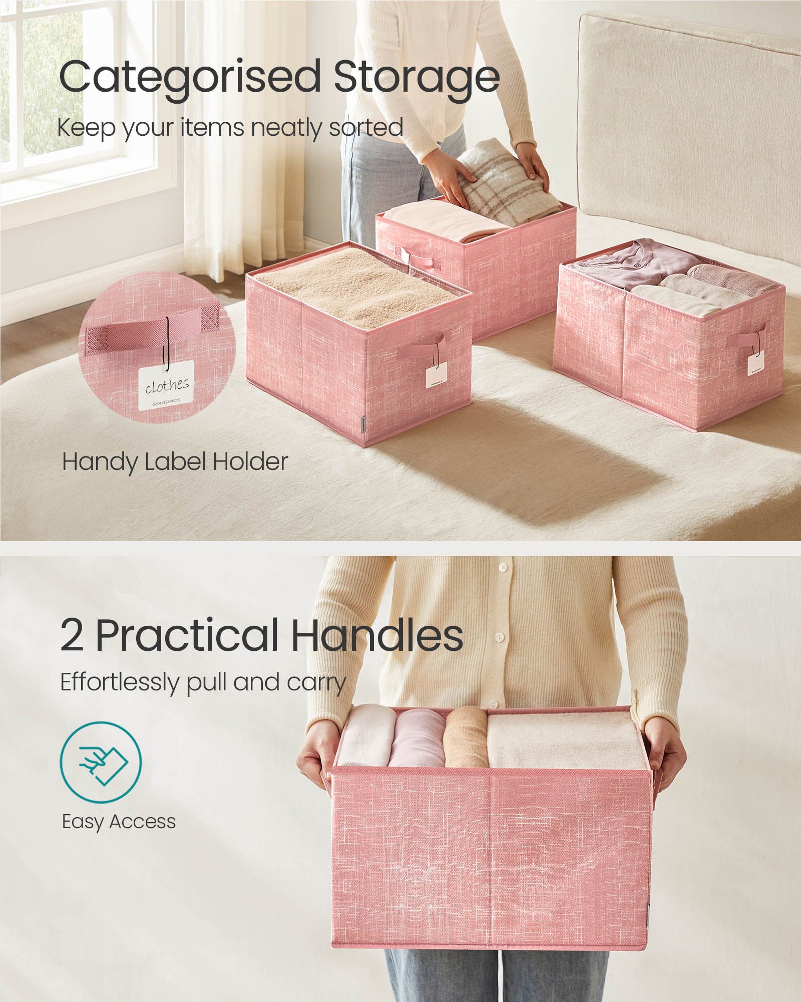 Collapsible Storage Boxes Set of 3 - Fabric - Jelly Pink - Wardrobe Organisers with Handles and Label Holders