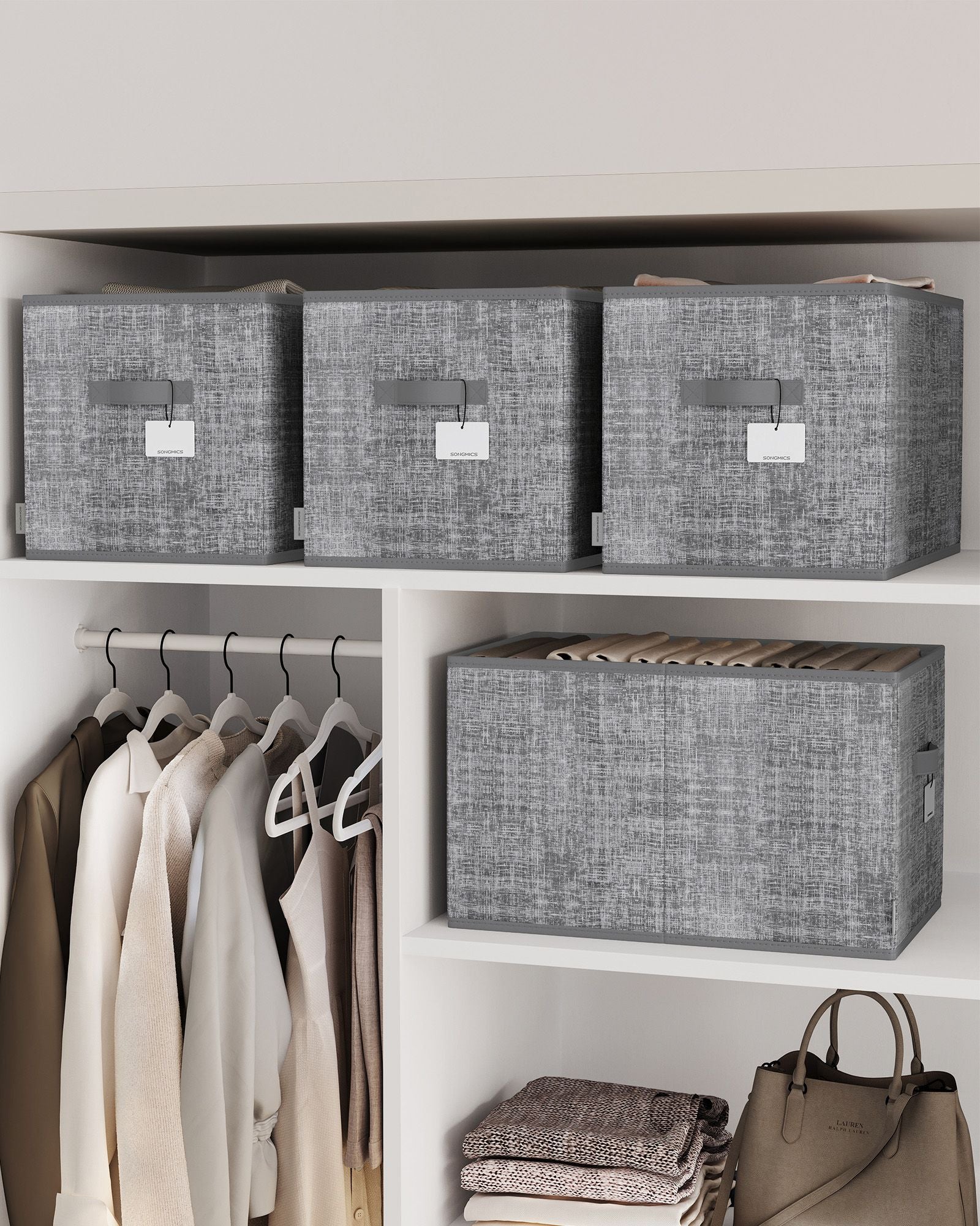 Collapsible Storage Boxes Set of 3 - Fabric - Cattail Grey - Versatile Wardrobe Organisers with Handles and Label Holders