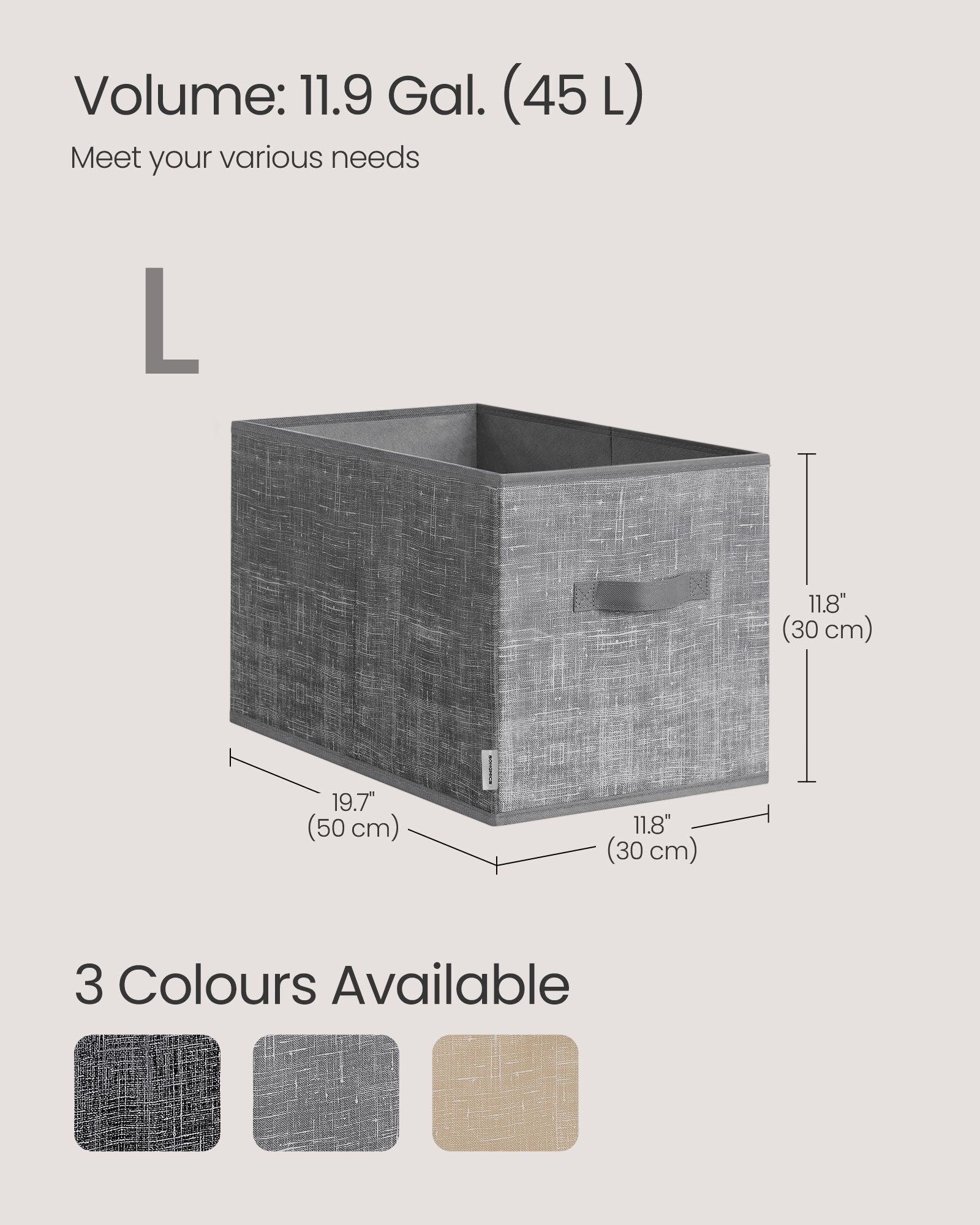 Collapsible Storage Boxes Set of 3 - Fabric - Cattail Grey - Versatile Wardrobe Organisers with Handles and Label Holders
