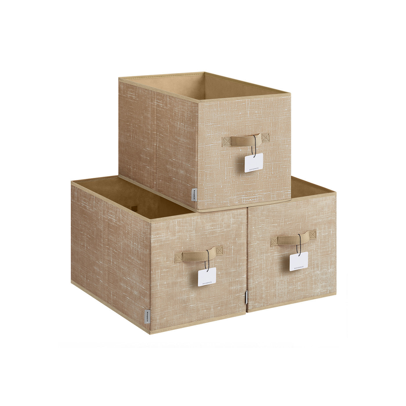 Collapsible Storage Boxes - Fabric - Sand Beige - Set of 3 with Handles and Label Holders