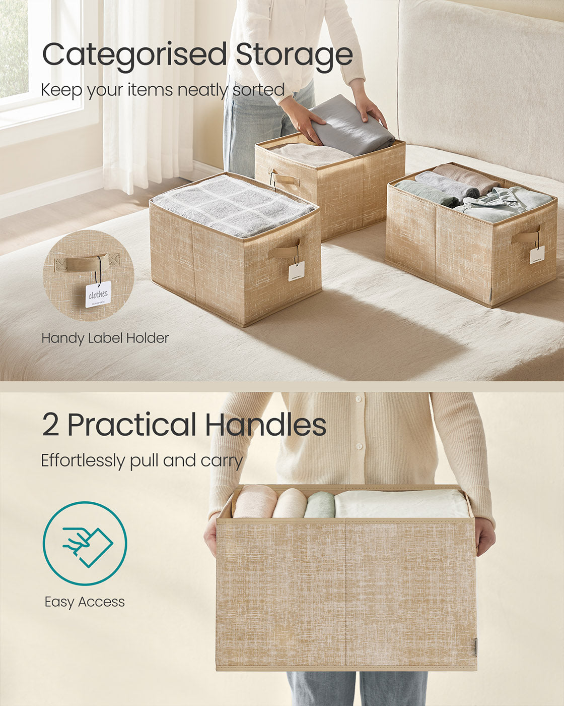 Collapsible Storage Boxes - Fabric - Sand Beige - Set of 3 with Handles and Label Holders