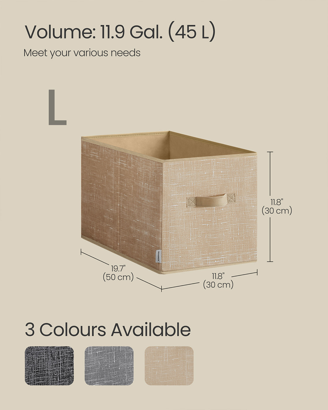 Collapsible Storage Boxes - Fabric - Sand Beige - Set of 3 with Handles and Label Holders