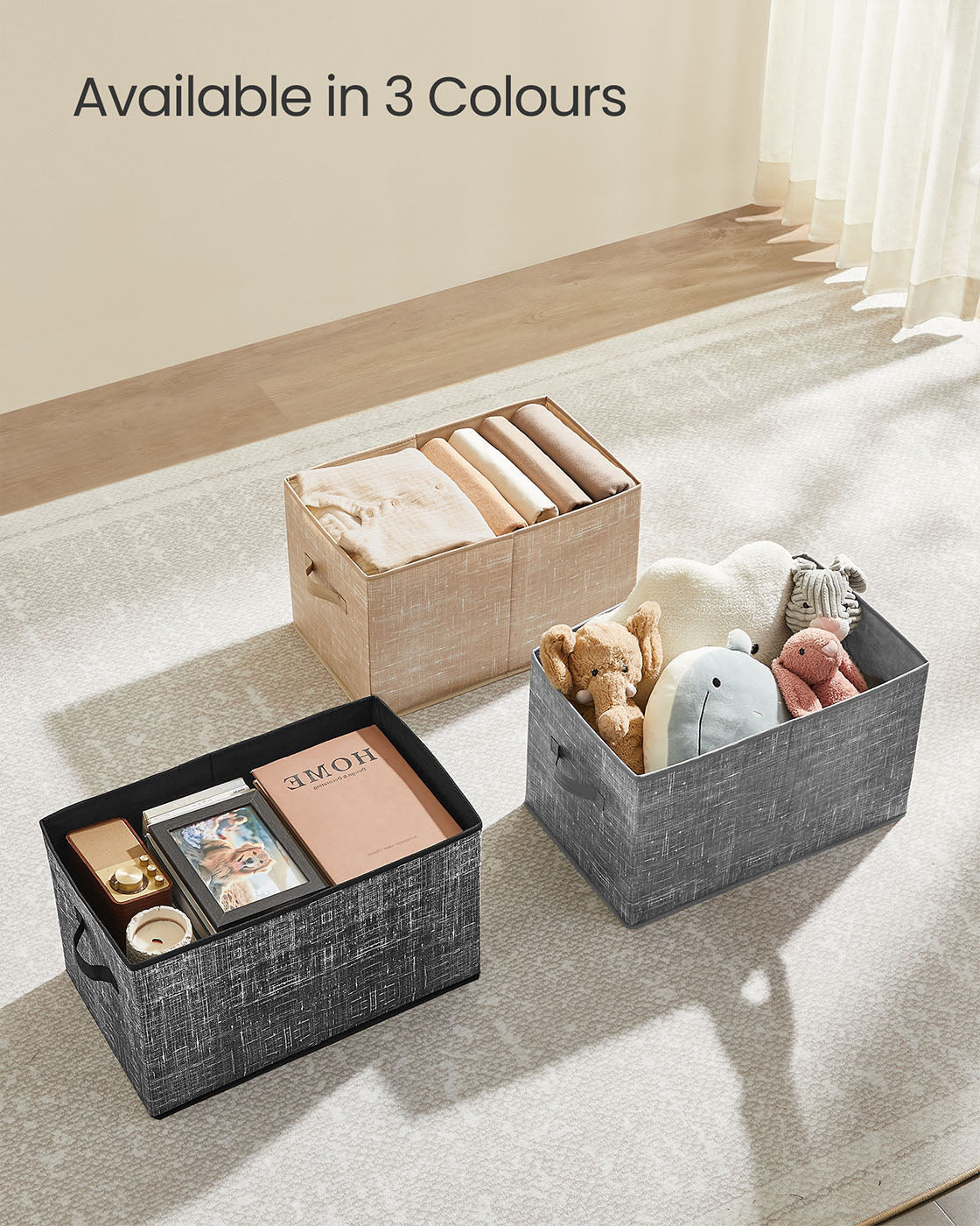 Collapsible Storage Boxes - Fabric - Sand Beige - Set of 3 with Handles and Label Holders