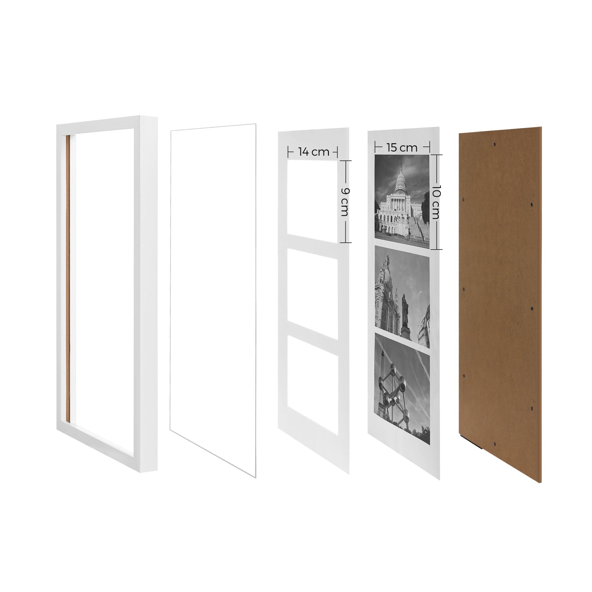 Triple Picture Frame - MDF with Glass Front - White - Wall Mounted or Table Top Display for Three 10 x 15 cm Photos