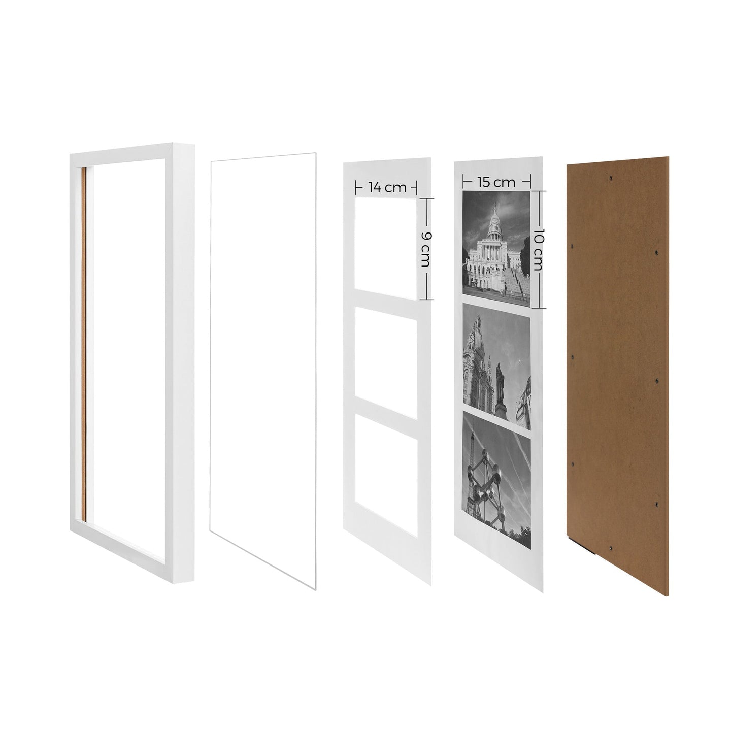 Triple Picture Frame - MDF with Glass Front - White - Wall Mounted or Table Top Display for Three 10 x 15 cm Photos