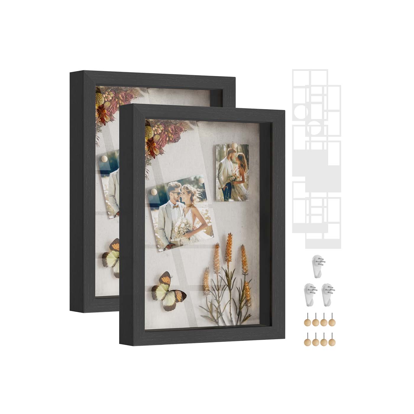 A4 Collage Picture Frame - Wood - Black - Includes 6 Mats and Shadow Box with Push Pins