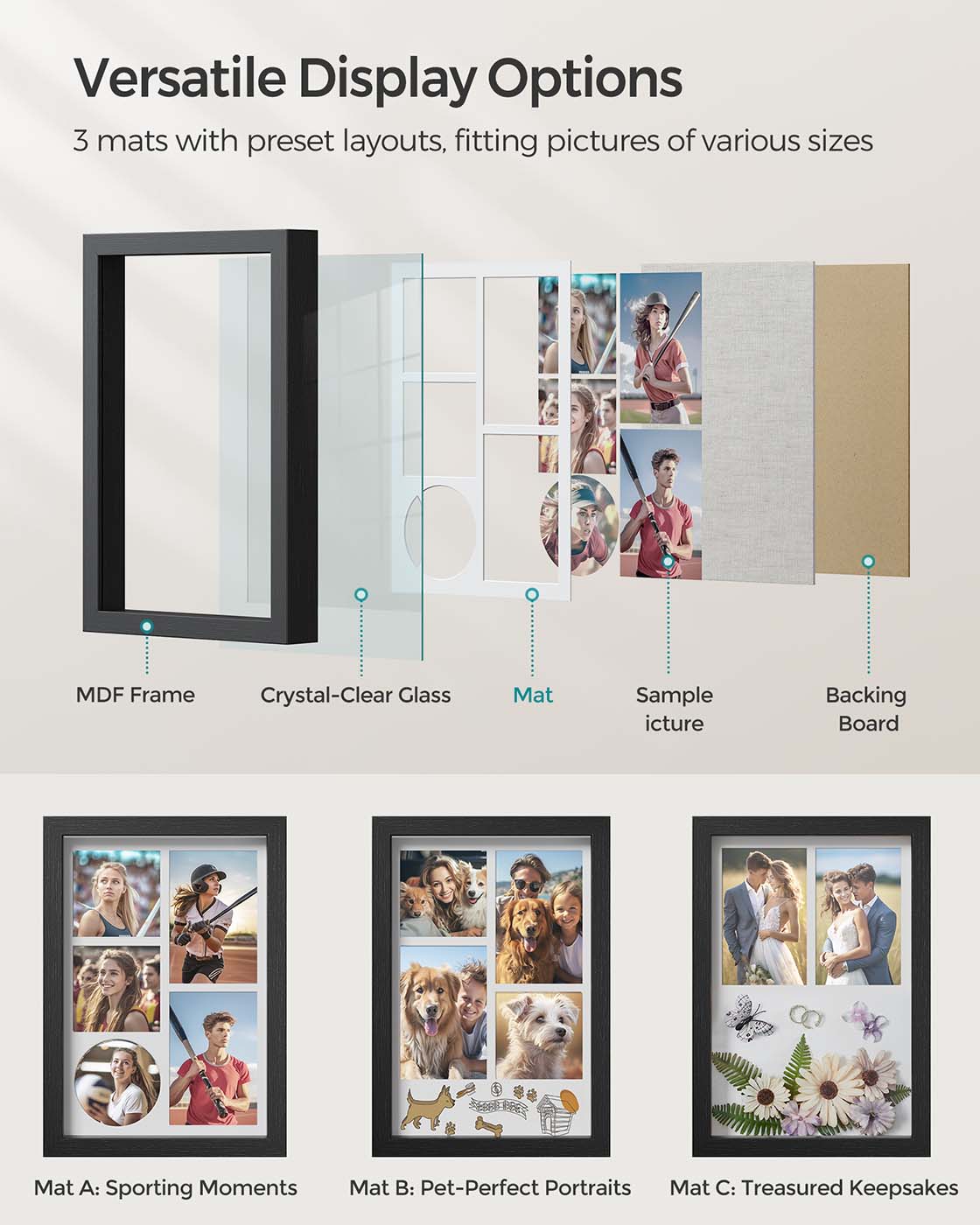 A4 Collage Picture Frame - Wood - Black - Includes 6 Mats and Shadow Box with Push Pins
