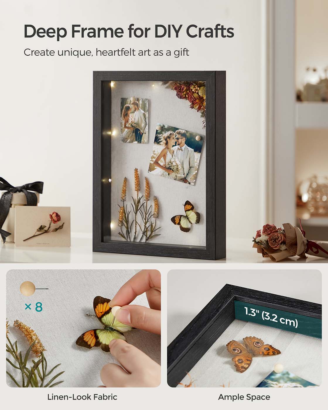 A4 Collage Picture Frame - Wood - Black - Includes 6 Mats and Shadow Box with Push Pins