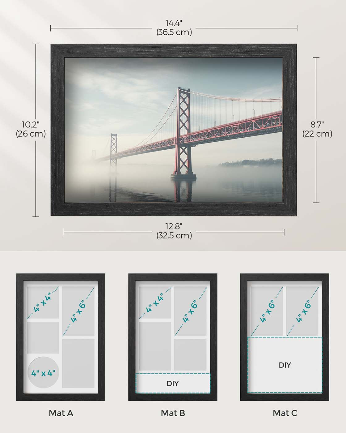 A4 Collage Picture Frame - Wood - Black - Includes 6 Mats and Shadow Box with Push Pins