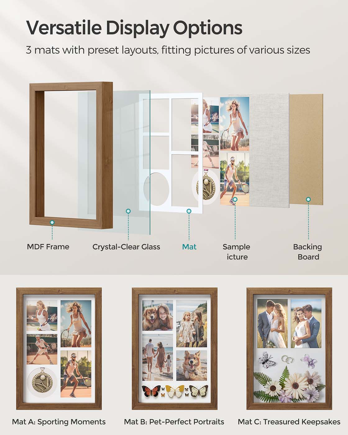 A4 Collage Picture Frame - Wood - Black - Includes 6 Mats and Shadow Box with Push Pins